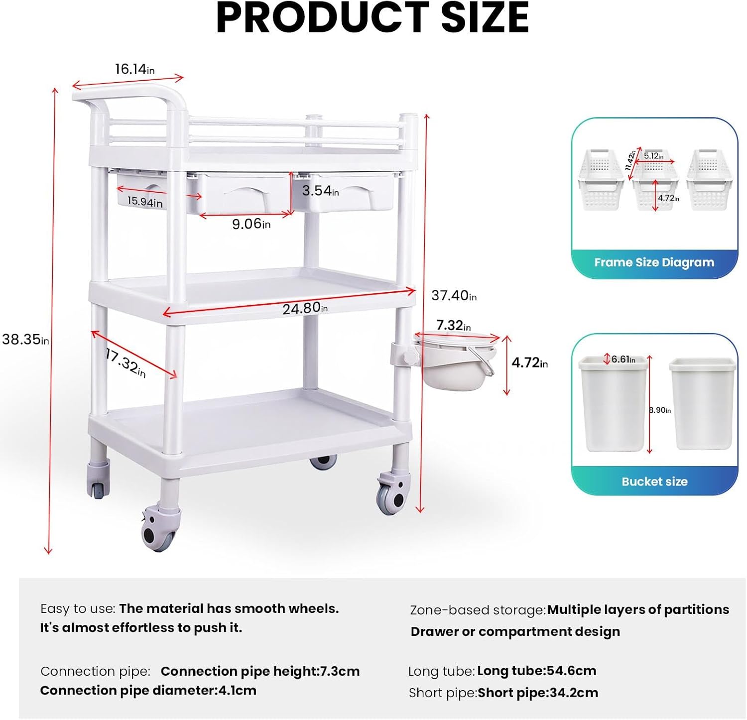 360° Rotate Medical Mobile Trolley Cart with 2 Drawers & 3 Trash Cans, Salon Trolley Cart with 4 Silent Wheels, 440 LBS Max Load White Utility Cart for Hospital Dental Clinic Home