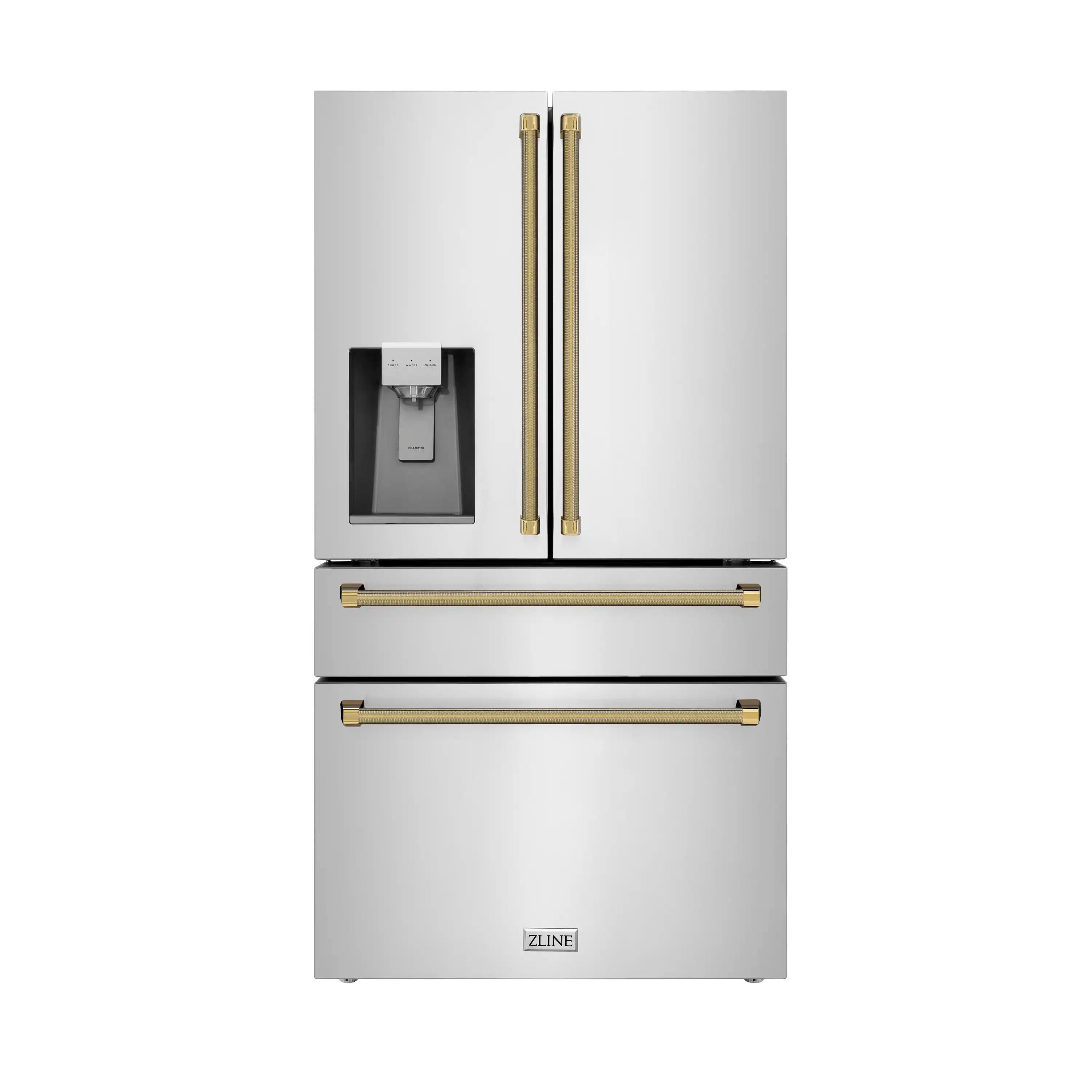 ZLINE Autograph 36-Inch Stainless Counter-Depth Fridge w/ Water Dispenser & Gold Helix Handles (RFMZ-W-36-KG)