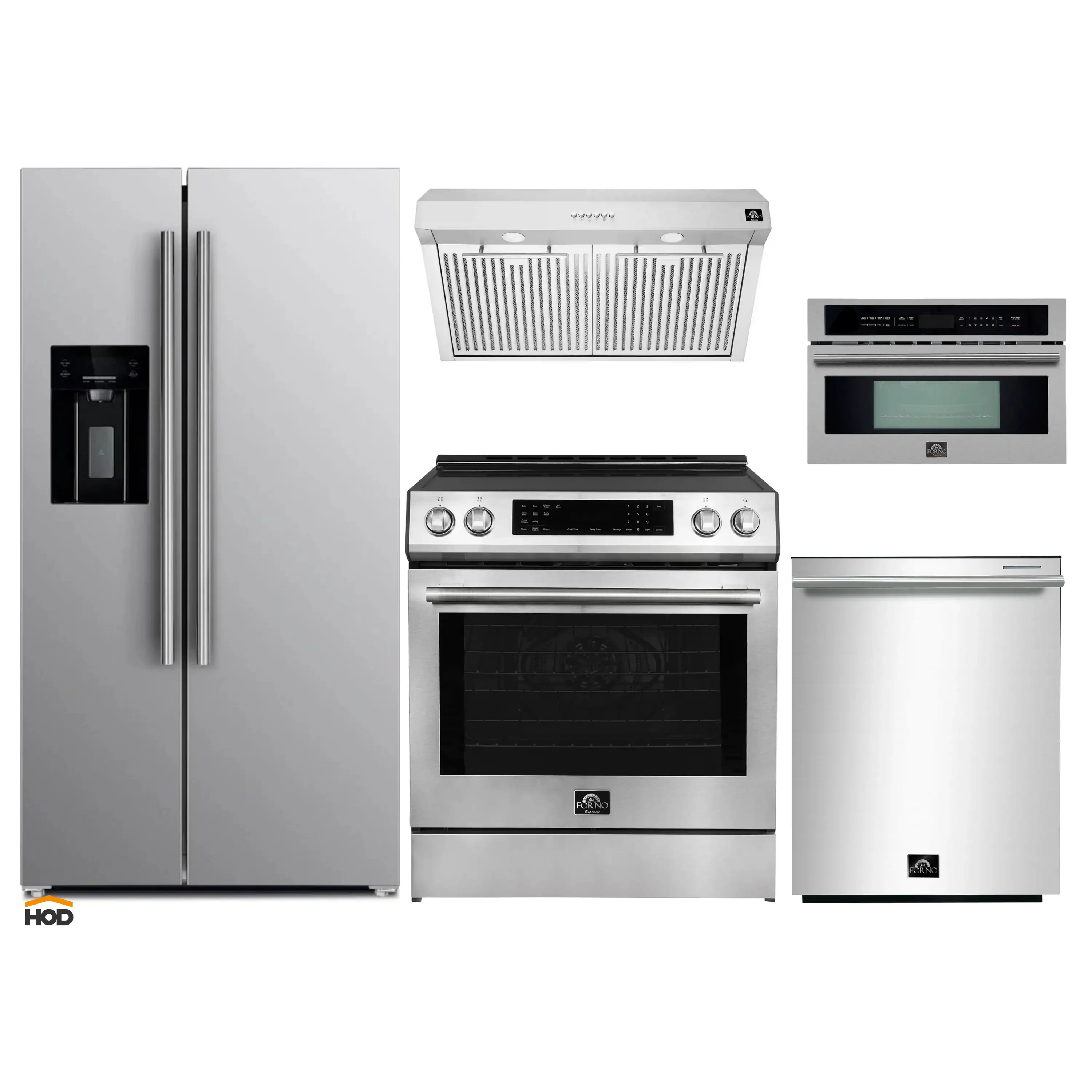 Forno 5-Piece Appliance Package - 30-Inch Induction Range, Under Cabinet Range Hood, Refrigerator with Water Dispenser, Dishwasher, and 30-Inch Microwave Oven in Stainless Steel