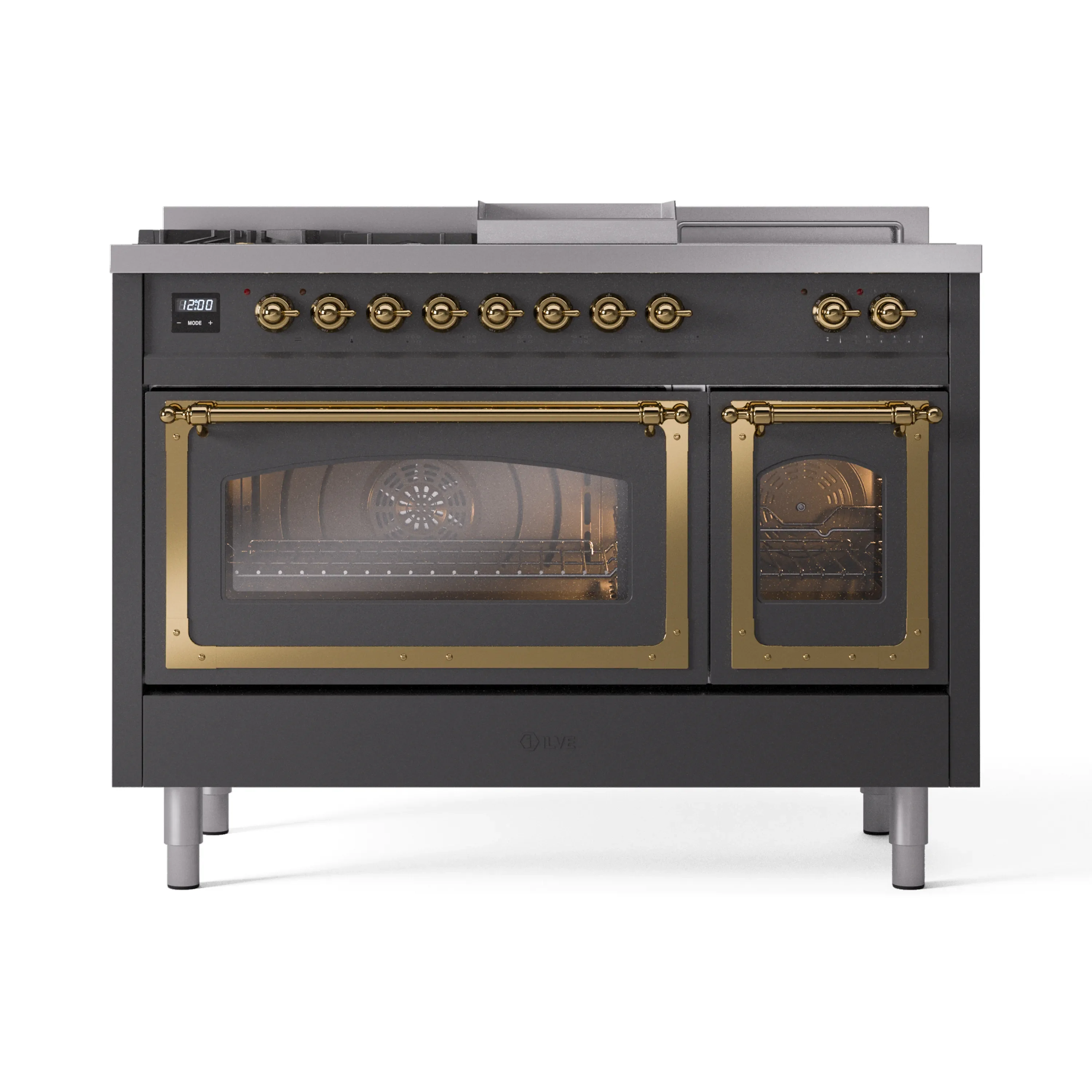 ILVE 48-Inch Nostalgie II Noblesse Dual Fuel Range with 5 Sealed Burners, Griddle, French Top and Triple Glass Door Oven in Matte Graphite with Brass Trim (UN48FSNMPMGG)