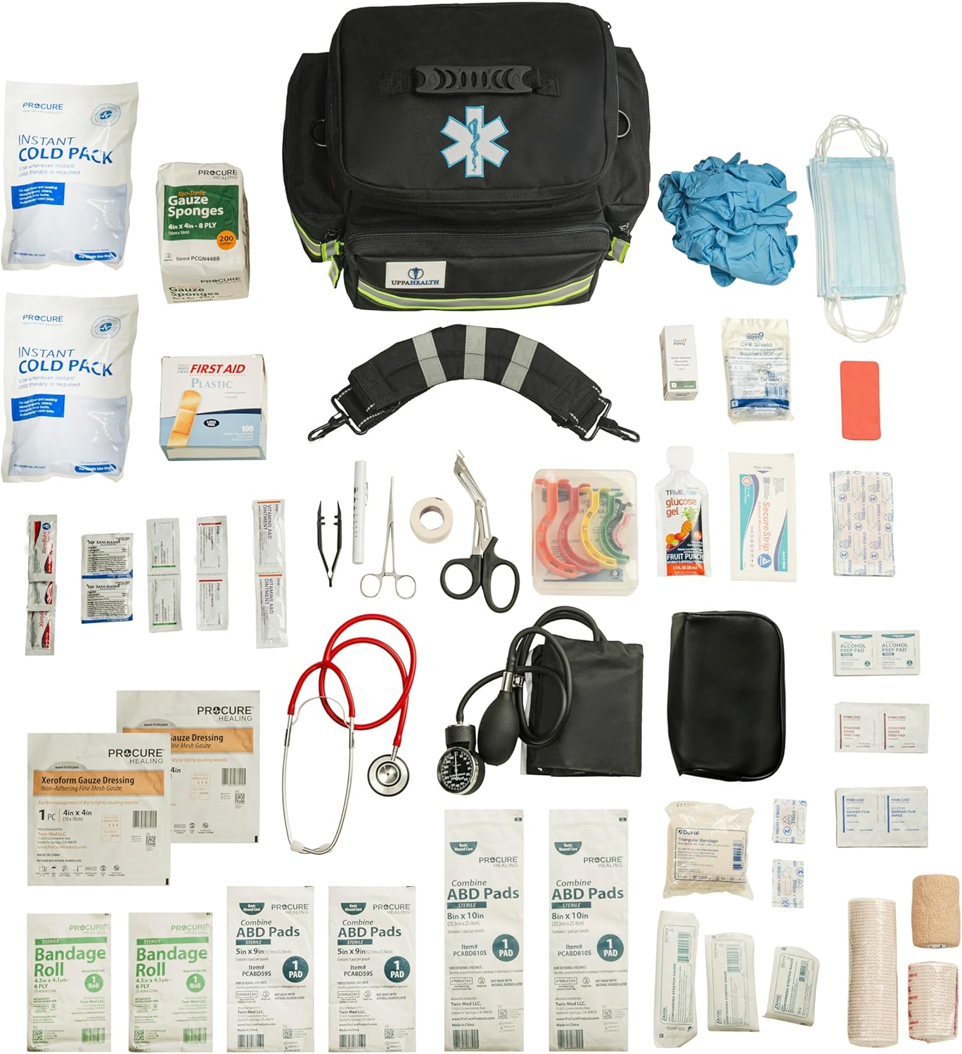 First Responder Fully Stocked Trauma First Aid Kit – EMT/EMS Emergency Medical Bag with 400+ Supplies for Home, Car, Workplace & Camping (Black)