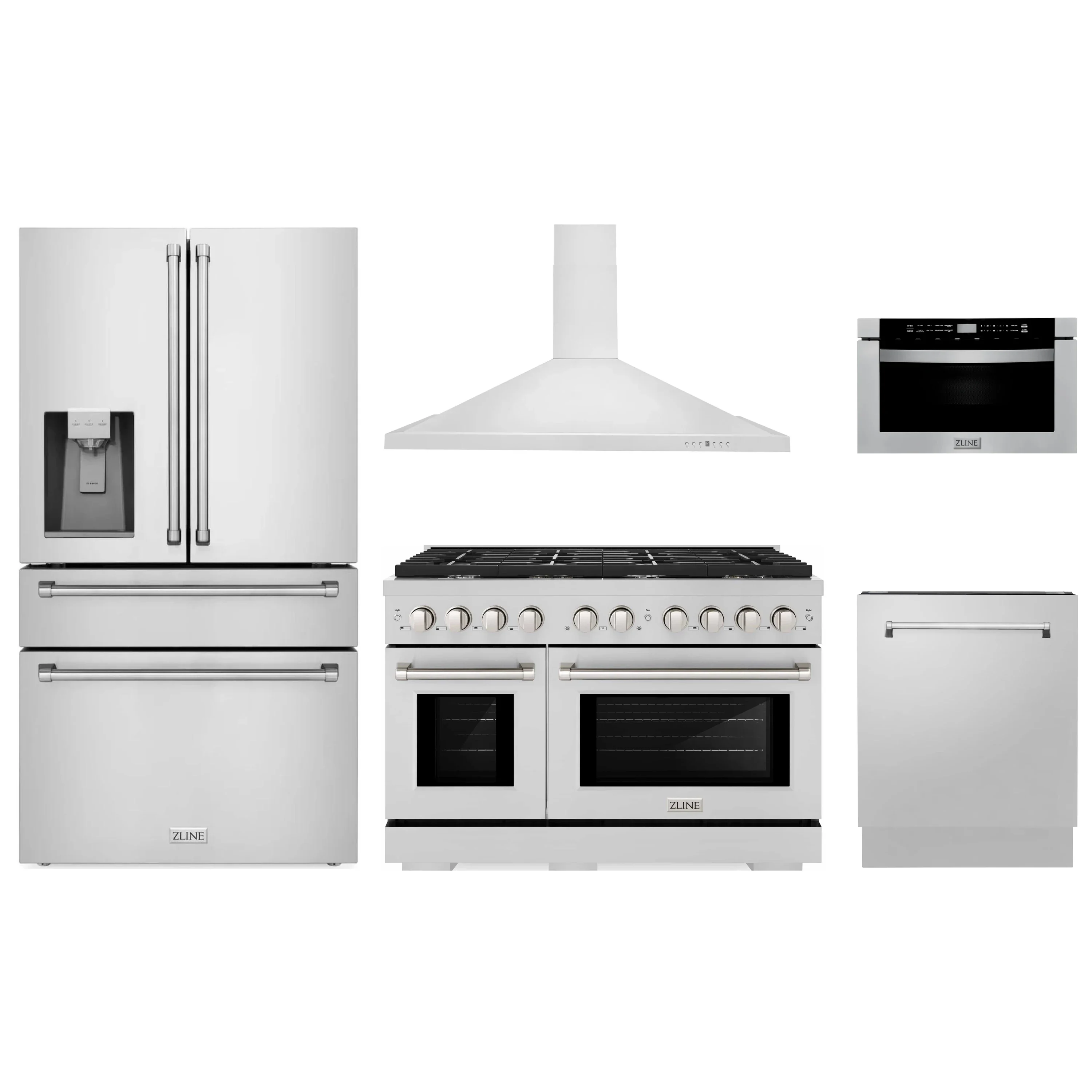 ZLINE 5-Piece Appliance Package - 48-Inch Gas Range, Refrigerator with Water Dispenser, Convertible Wall Mount Hood, Microwave Drawer, and 3-Rack Dishwasher in Stainless Steel (5KPRW-SGRRH48-MWDWV)
