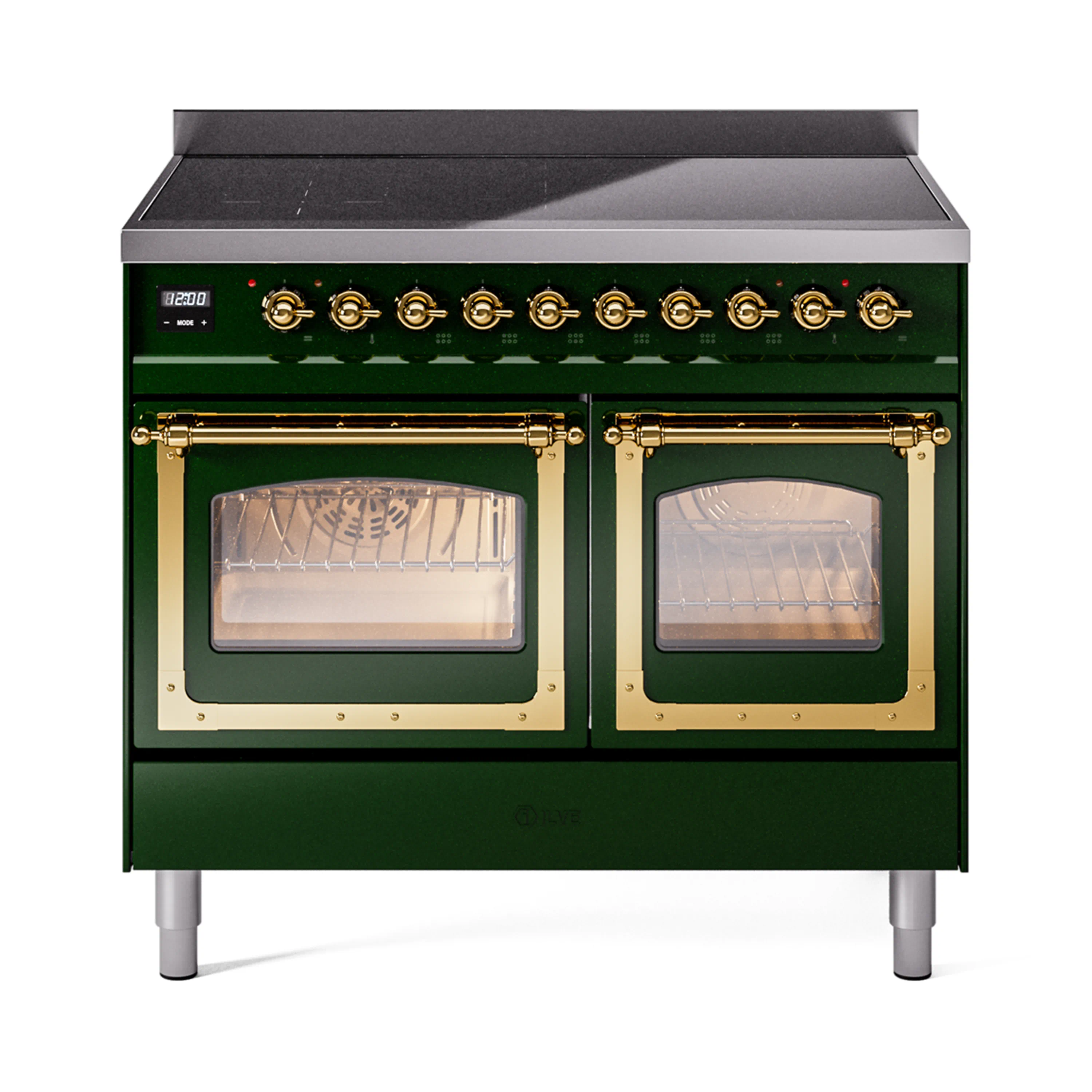 ILVE 40-Inch Nostalgie II Noblesse Induction Range with Triple Glass Door in Emerald Green with Brass Trim (UNDI406NMPEGG)