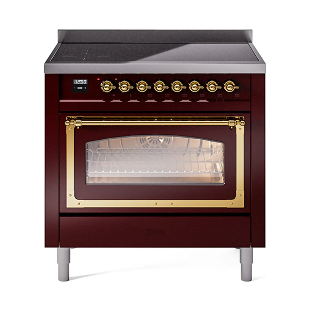 ILVE Nostalgie II Noblesse 36-Inch Induction Range with Triple Glass Door in Burgundy with Brass Trim (UNI366NMPBUG)