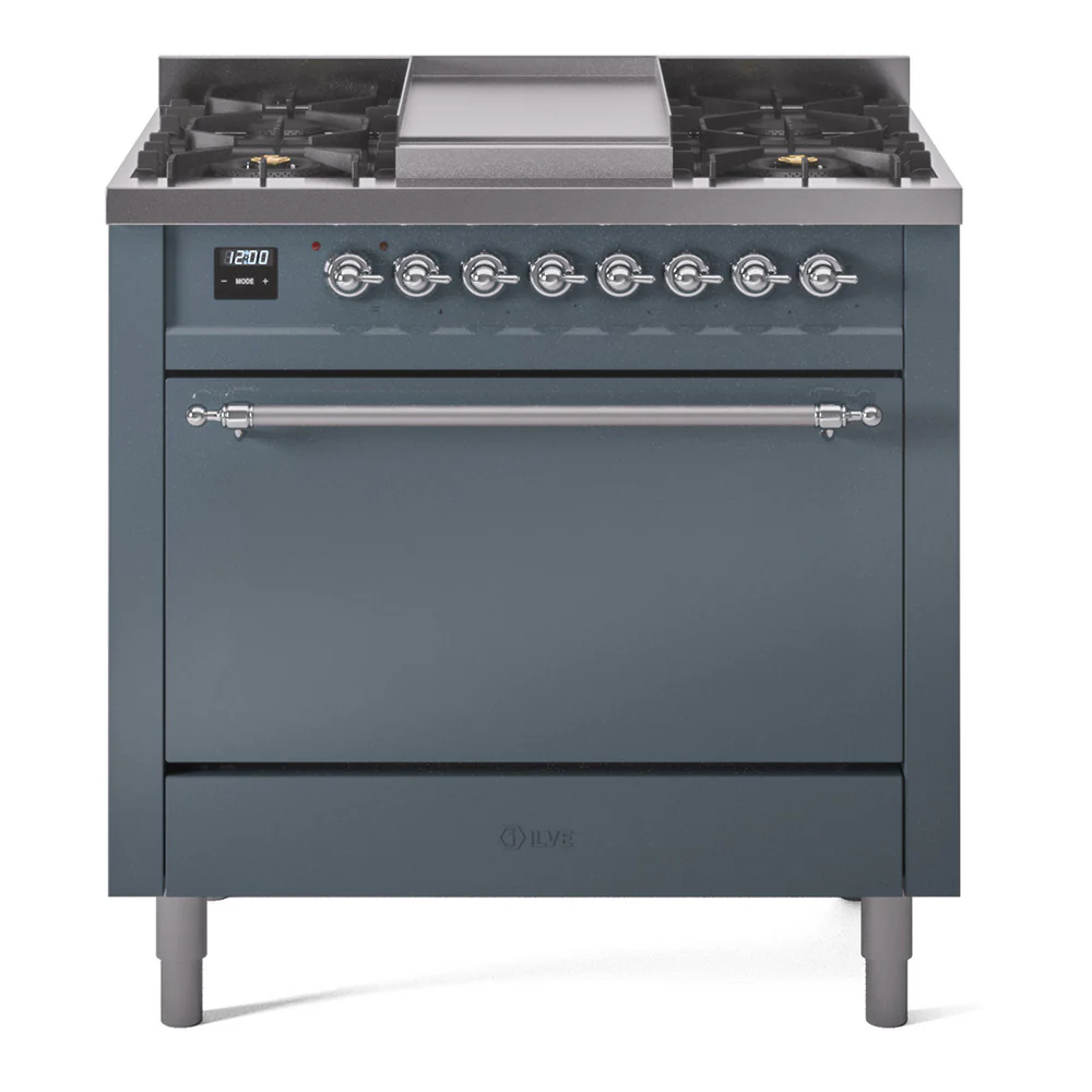 ILVE 36-Inch Nostalgie II Dual Fuel Range with 6 Burners and Solid Door Oven in Blue Grey with Chrome Trim (UP36FQNMPBGC)