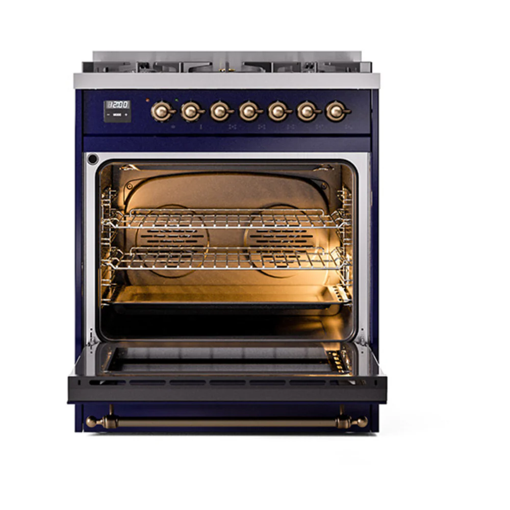 ILVE Nostalgie II 30-Inch Dual Fuel Range with Solid Door in Midnight Blue with Bronze Trim (UP30QNMPMBB)