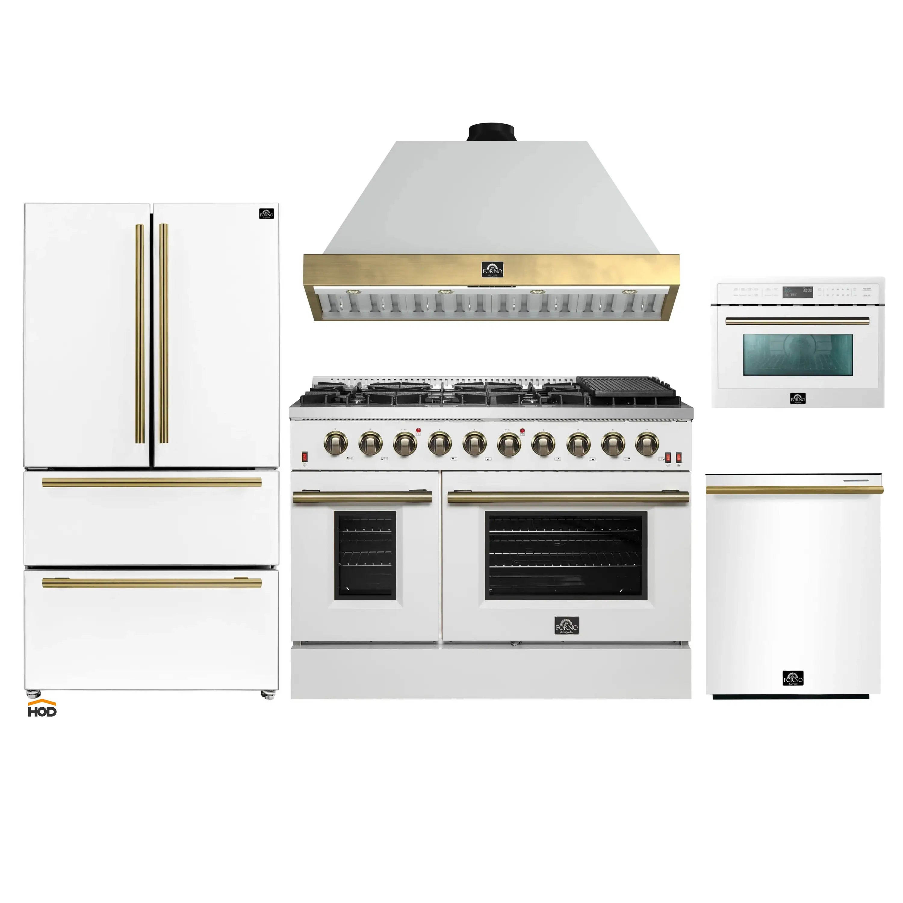 Forno Galiano 5-Piece Appliance Package - 48-Inch Gas Range, 48-Inch Hood, 36-Inch Refrigerator, 24-Inch Dishwasher, & 24-Inch Microwave Oven in White with Antique Brass Trim