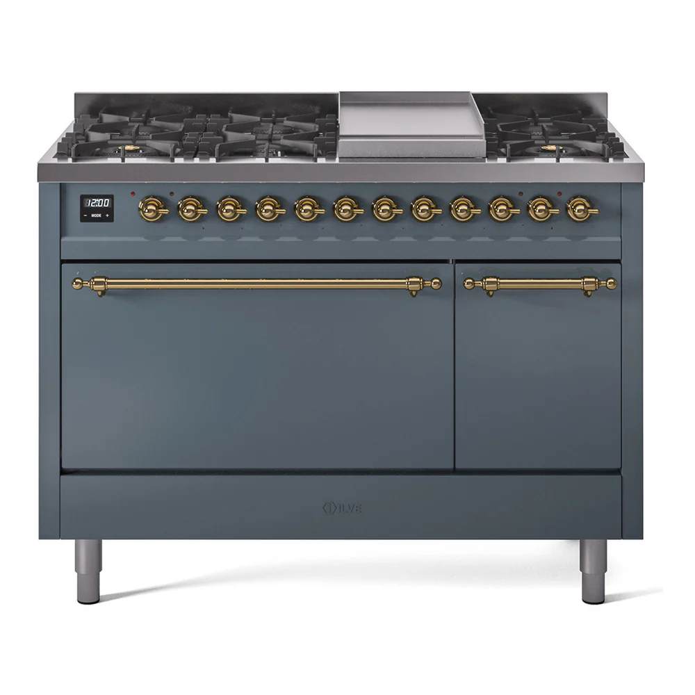 ILVE 48-Inch Nostalgie II Dual Fuel Range with 8 Burners, Griddle, and Solid Door Oven in Blue Grey with Bronze Trim (UP48FQNMPBGB)