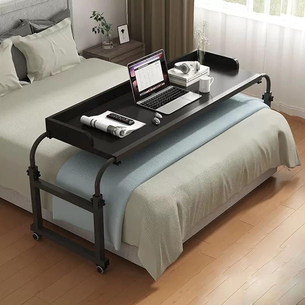 Overbed Table with Wheels, Height Adjustable Computer Desk, Rolling Medical Table, Mobile Workstation for Twin/Full/Queen/King Size Bed, Versatile Food & Study Tray Desk