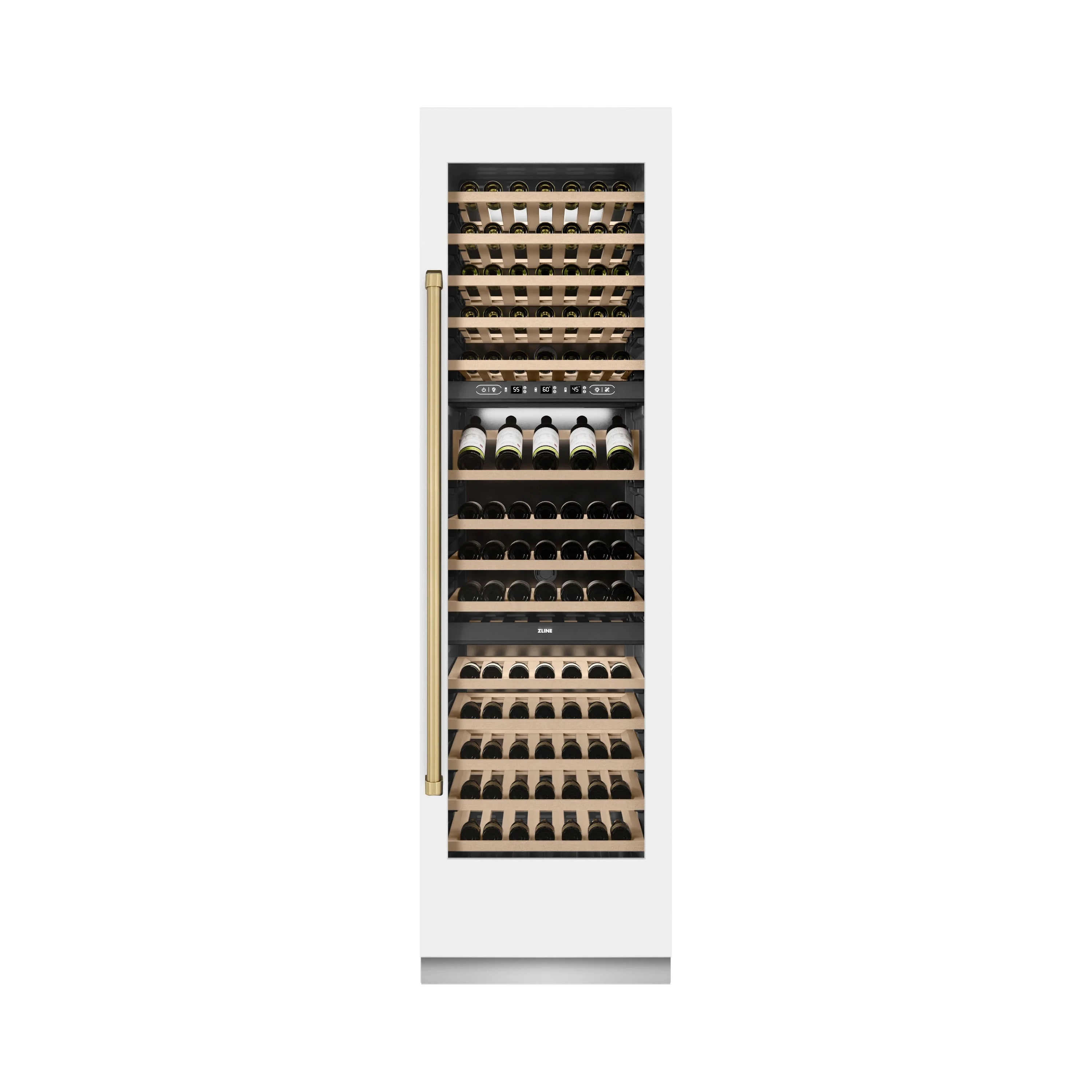 ZLINE Autograph Edition 24-Inch 12.4 Cu. Ft. Triple Zone 100 Bottle Column Wine Cooler in White Matte and Champagne Bronze Accents (RCWVZ-WM-24-CB)
