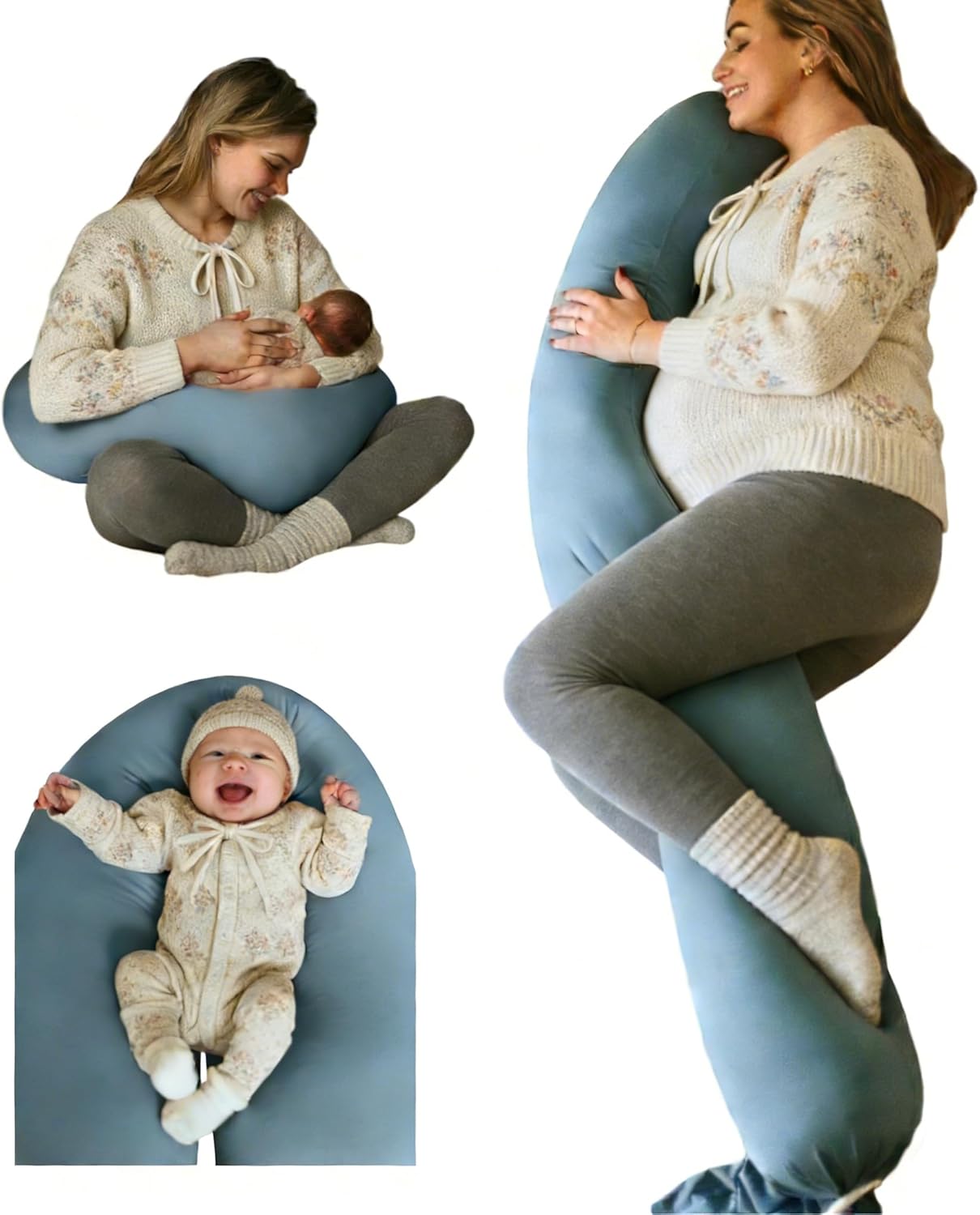 Pregnancy Pillow 5-in-1 【Cooling Cover, Adjustable to Grow with Belly】 Beanbag Style, Lockable O-Shape Nursing Maternity Pillow, 5-Point Full Body Support for Side Sleepers, with Travel Bag - Blue
