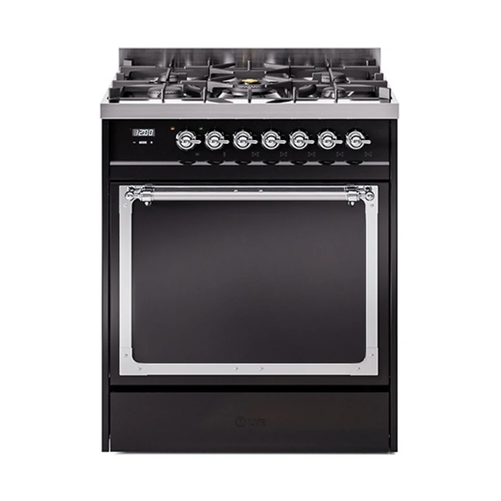 ILVE Nostalgie II Noblesse 30-Inch Dual Fuel Range with Solid Door in Glossy Black with Chrome Trim (UN30QNMPBKC)