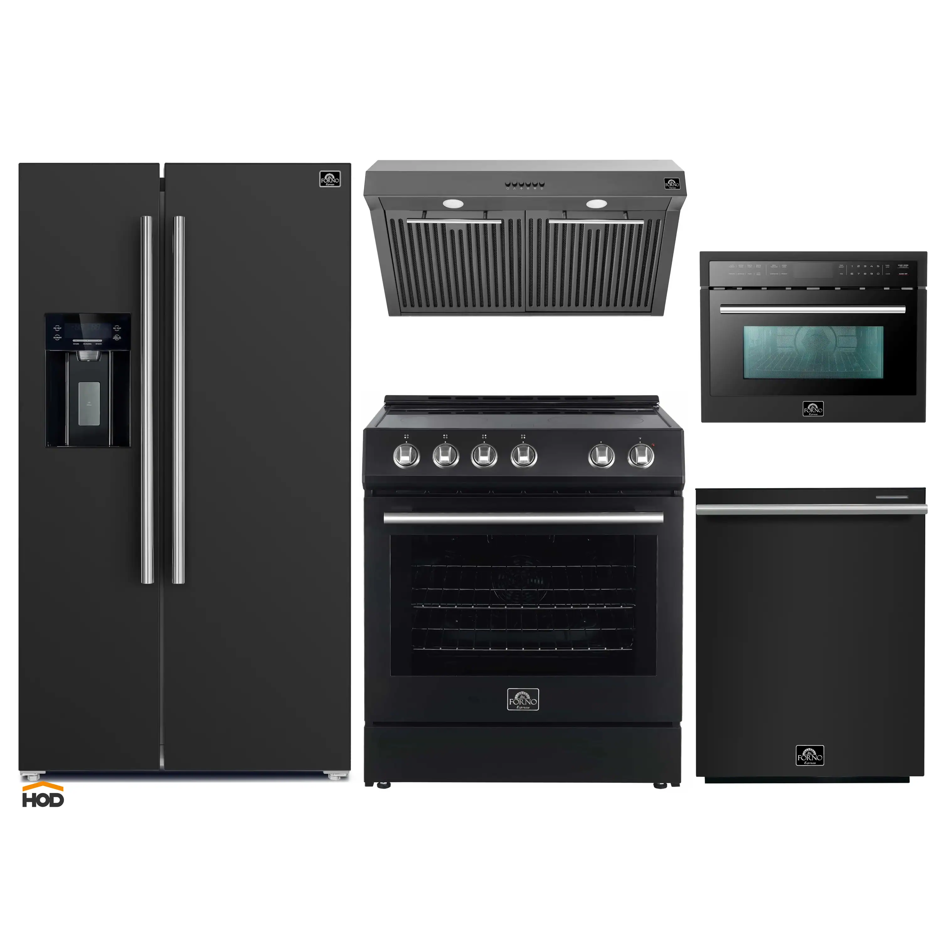 Forno 5-Piece Appliance Package - 30-Inch Electric Range, Under Cabinet Range Hood, Refrigerator with Water Dispenser, Dishwasher, and 24-Inch Microwave Drawer in Black with Stainless Steel Trim
