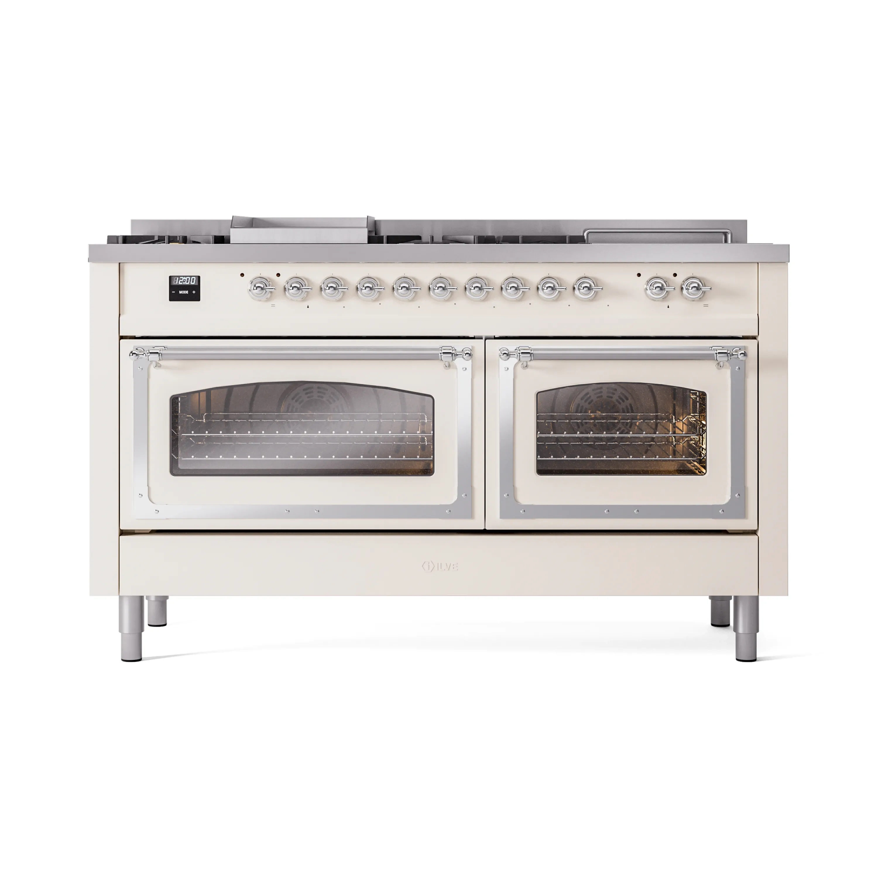 ILVE 60-Inch Nostalgie II Noblesse Dual Fuel Range with 7 Sealed Burners, Griddle, French Top and Triple Glass Door Oven in Antique White with Chrome Trim (UN60FSNMPAWC)