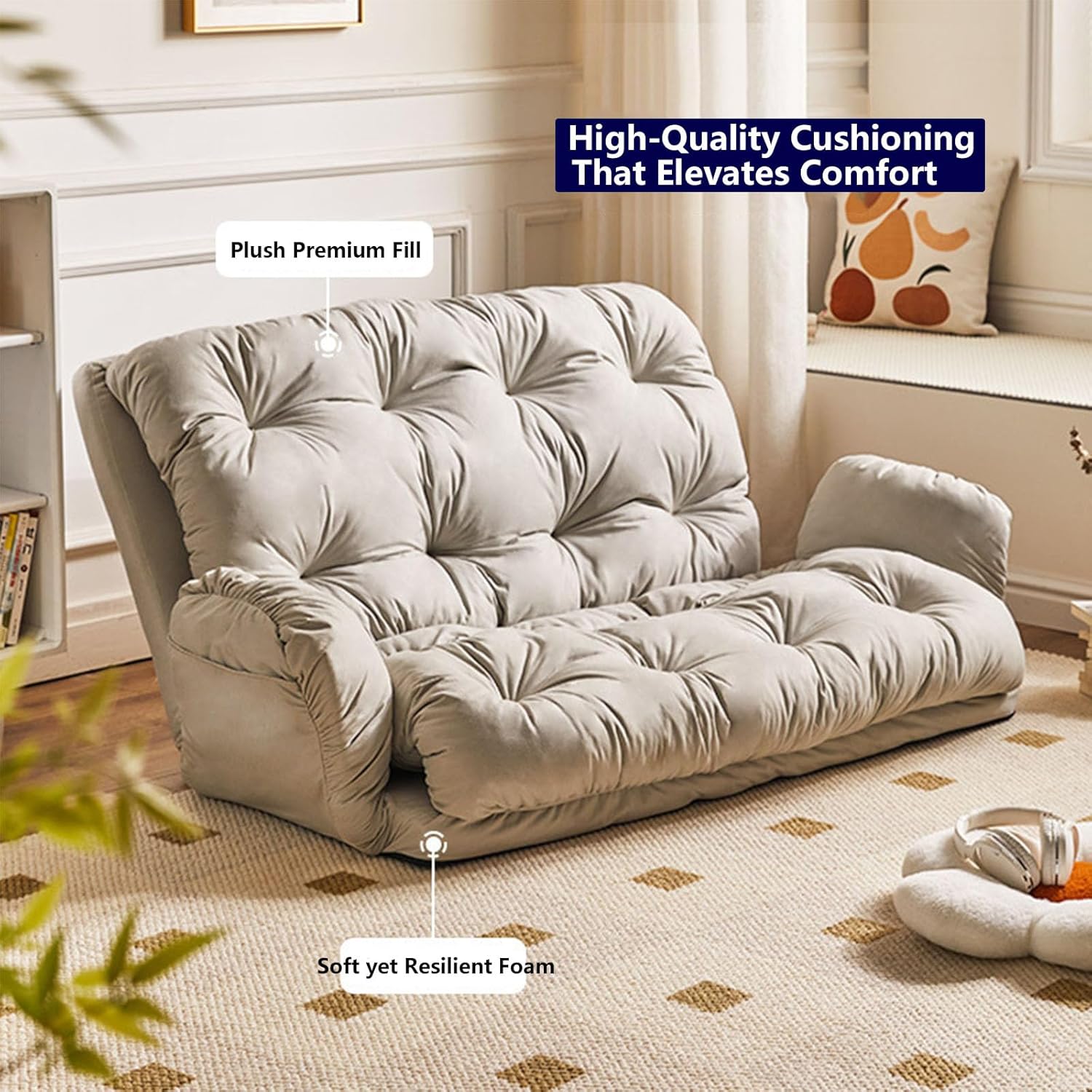 6-Position Adjustable Lazy Sofa, Fluffy-Tech Fabric Recliner with Padded Armrests, Ergonomic Dual-Zone Support Freestanding Lounge Chair for Bedroom & Living Room