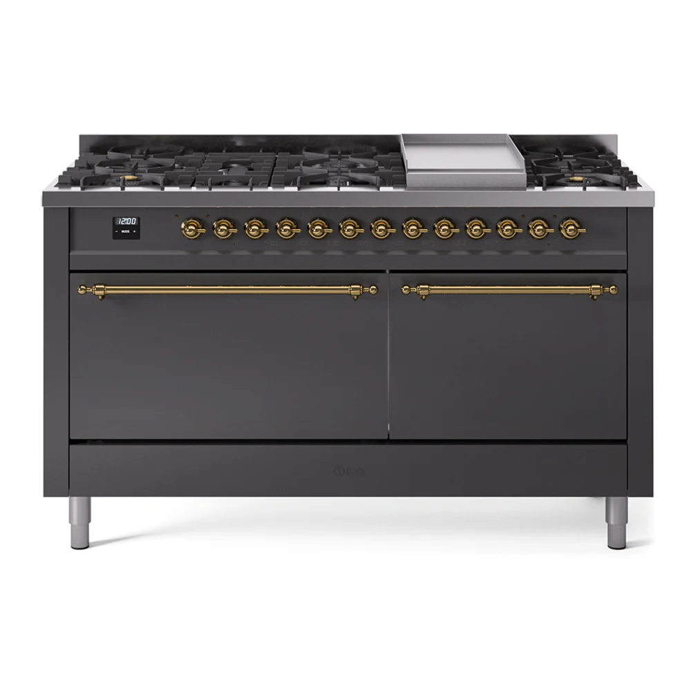 ILVE 60-Inch Nostalgie II Dual Fuel Range with 9 Burners, Griddle, and Solid Door Oven in Matte Graphite with Brass Trim (UP60FQNMPMGG)