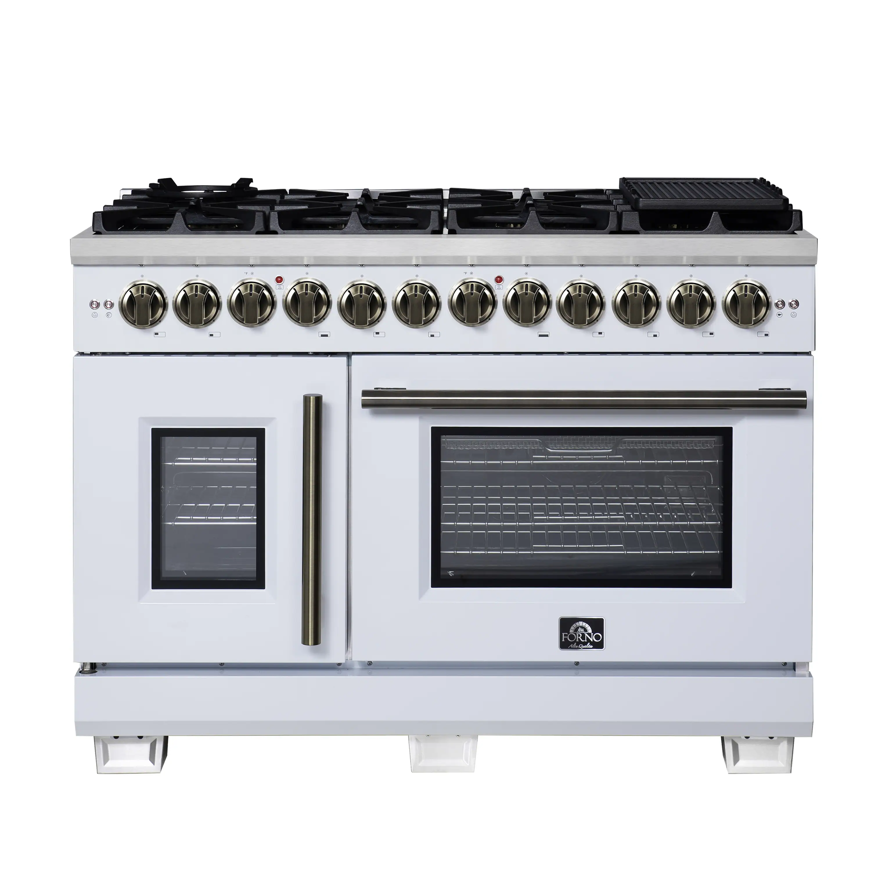 Forno Capriasca 48-Inch Freestanding French Door Dual Fuel Range in White with Antique Brass Handle (FFSGS6387-48WHT)