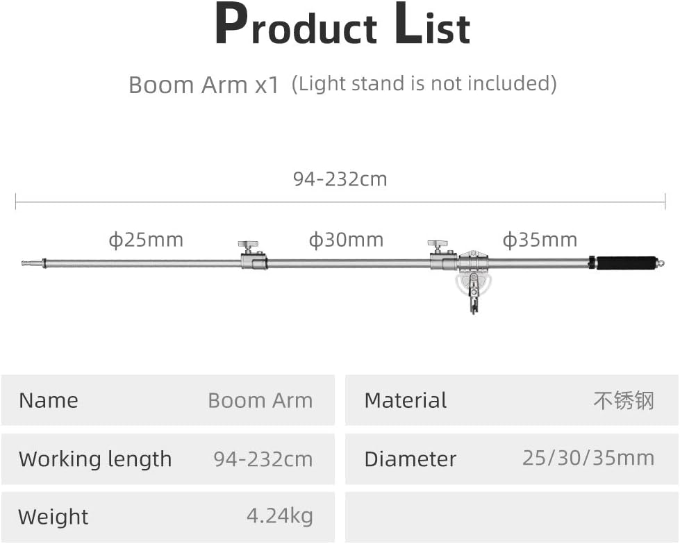 AMBITFUL MF-01 Metal Heavy Stainless Cross Arm Steel Longest 232 cm Photo Studio Kit Boom Arm 94 cm - 232 cm 37-91 Inch Light Stand Cross Arm for C-Stand