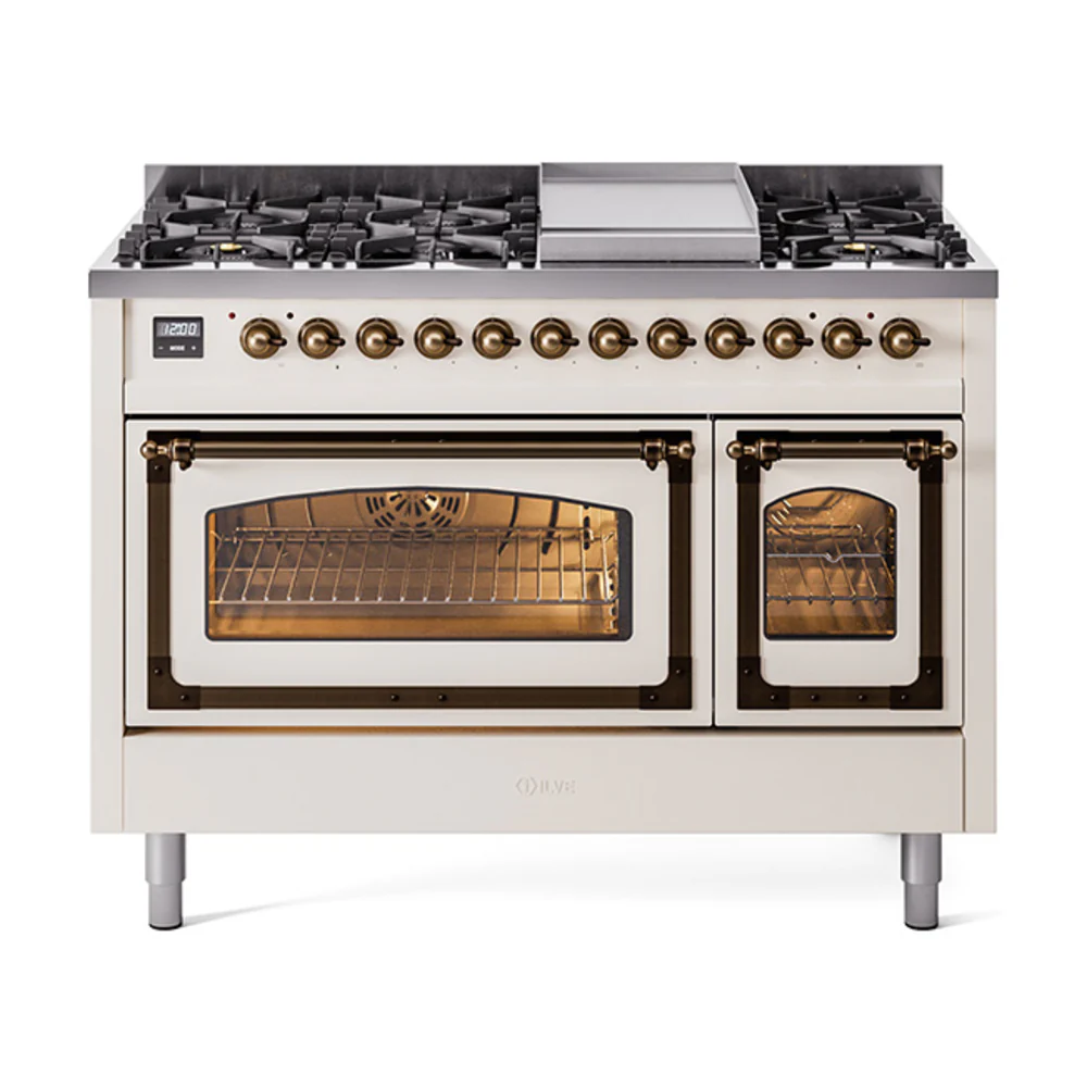 ILVE Nostalgie II Noblesse 48-Inch Dual Fuel Freestanding Range in Antique White with Bronze Trim (UN48FNMPAWB)