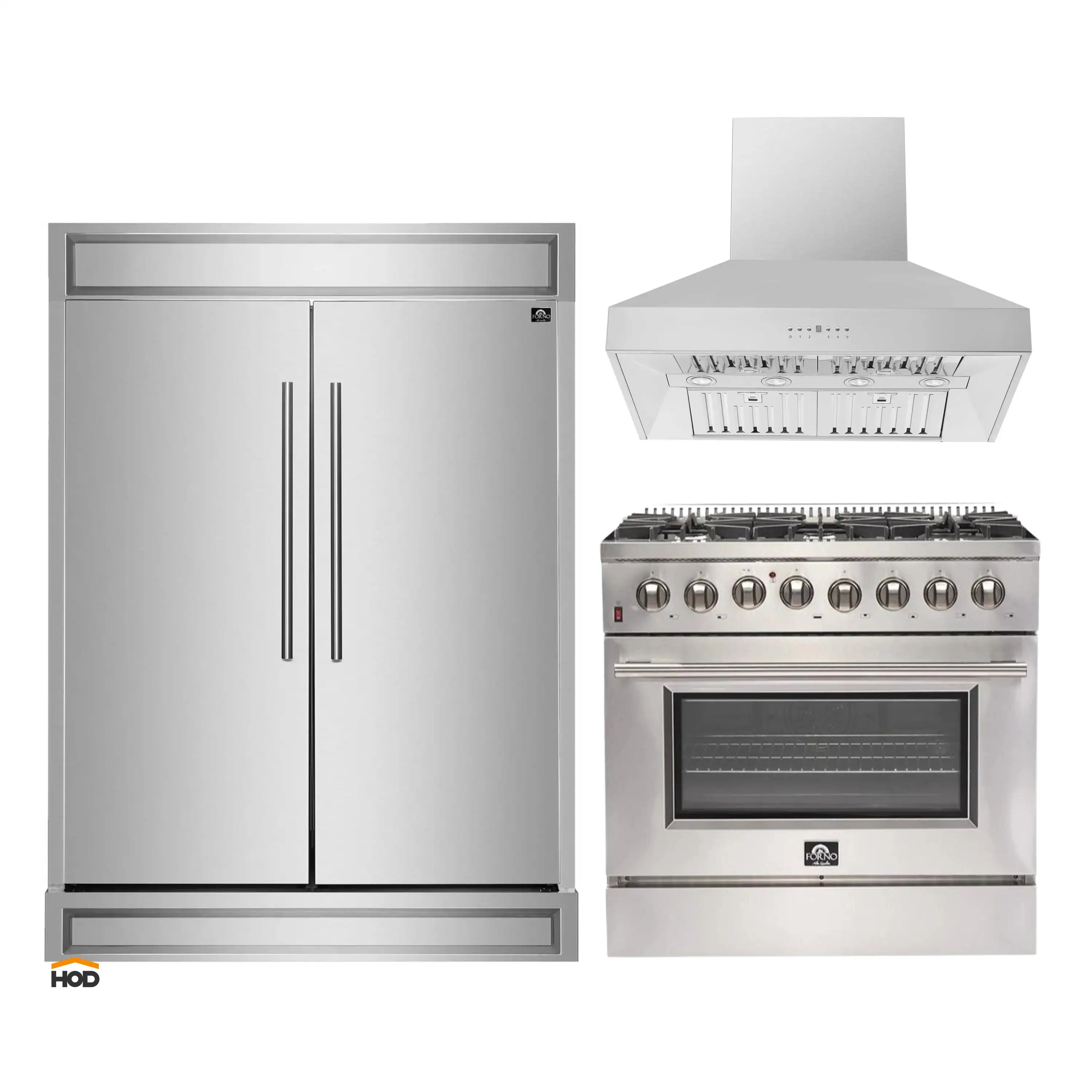 Forno 3-Piece Appliance Package - 36-Inch Dual Fuel Range, Refrigerator, & Wall Mount Hood in Stainless Steel