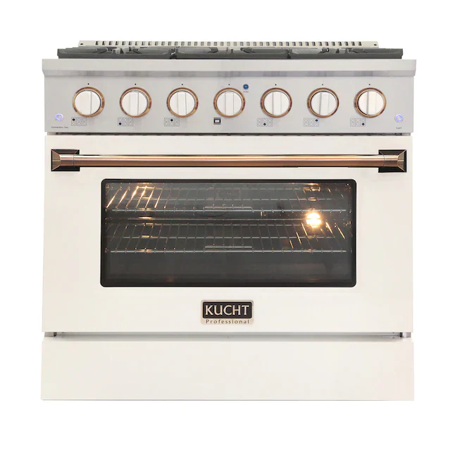 Kucht Series 36-Inch Pro-Style Dual Fuel Range in Propane Gas with White Oven Door & Gold Accents (KDF362/LP-W-GOLD)