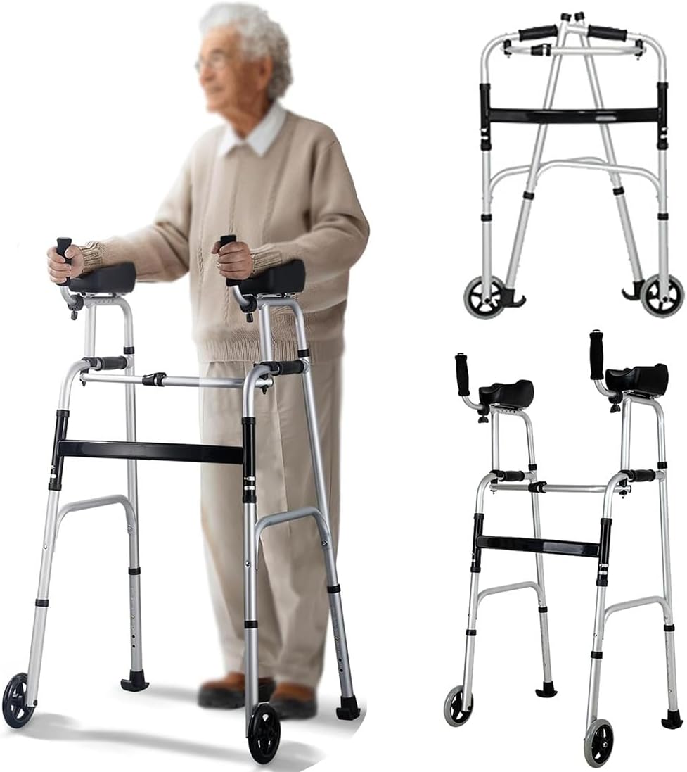 HAILM Foldable Stand Walker with Removable Armrests, 8 Height-Adjustable Aluminum Walkers, Heavy Duty Rollator with Arm Support, Front Wheeled Walker for Seniors, Elderly, Handicap
