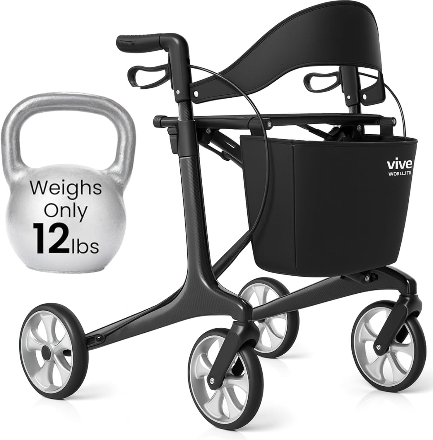 Vive Lightweight Rollator Walker with Seat - Carbon Fiber Frame for Seniors - Stand up Folding Mobility Aid - Height Adjustable, Brakes, Armrest & Storage Bag Accessory (Black)