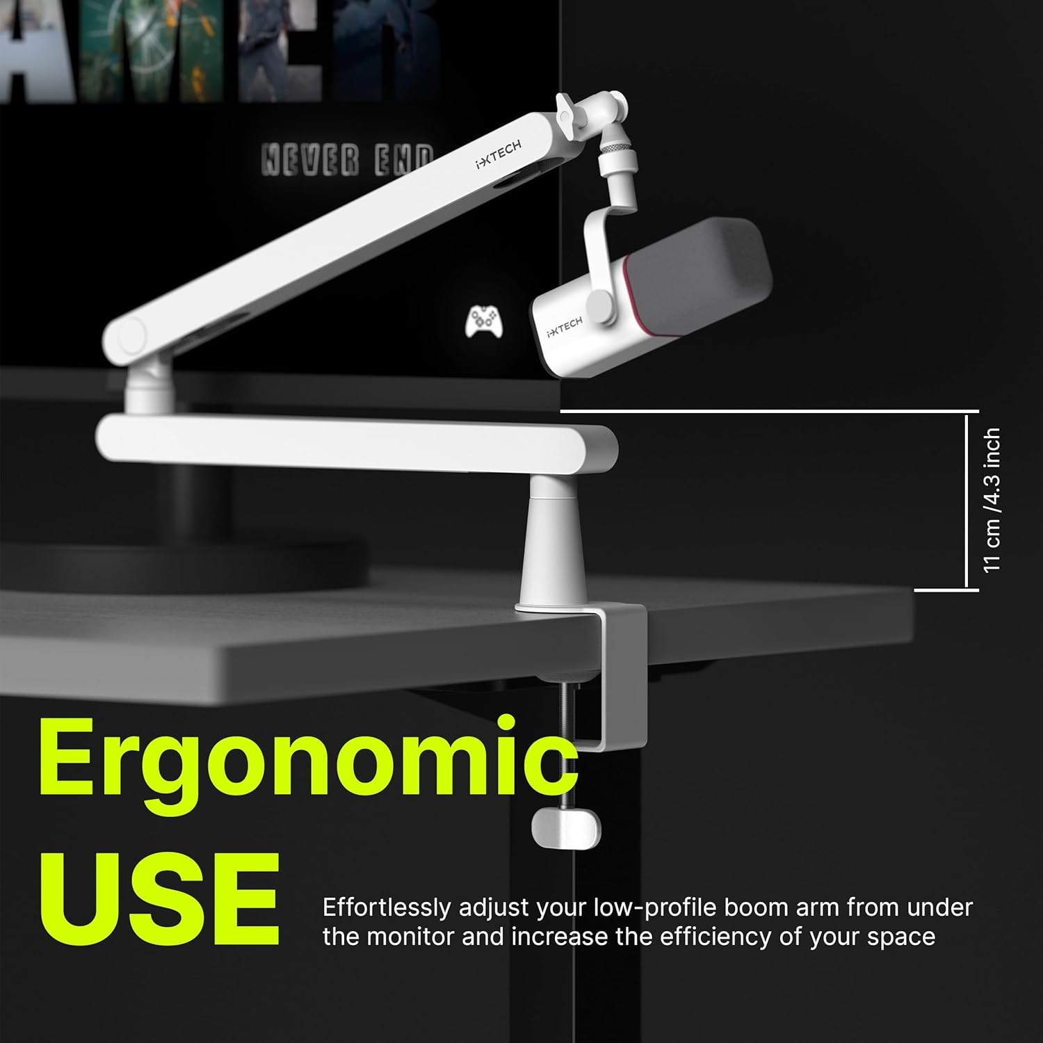 IXTECH White Microphone Boom Arm Stand Low Profile Boom Arm Adjustable Mic Stand with Built In Cable Management 360° Swivel Mic Arm.