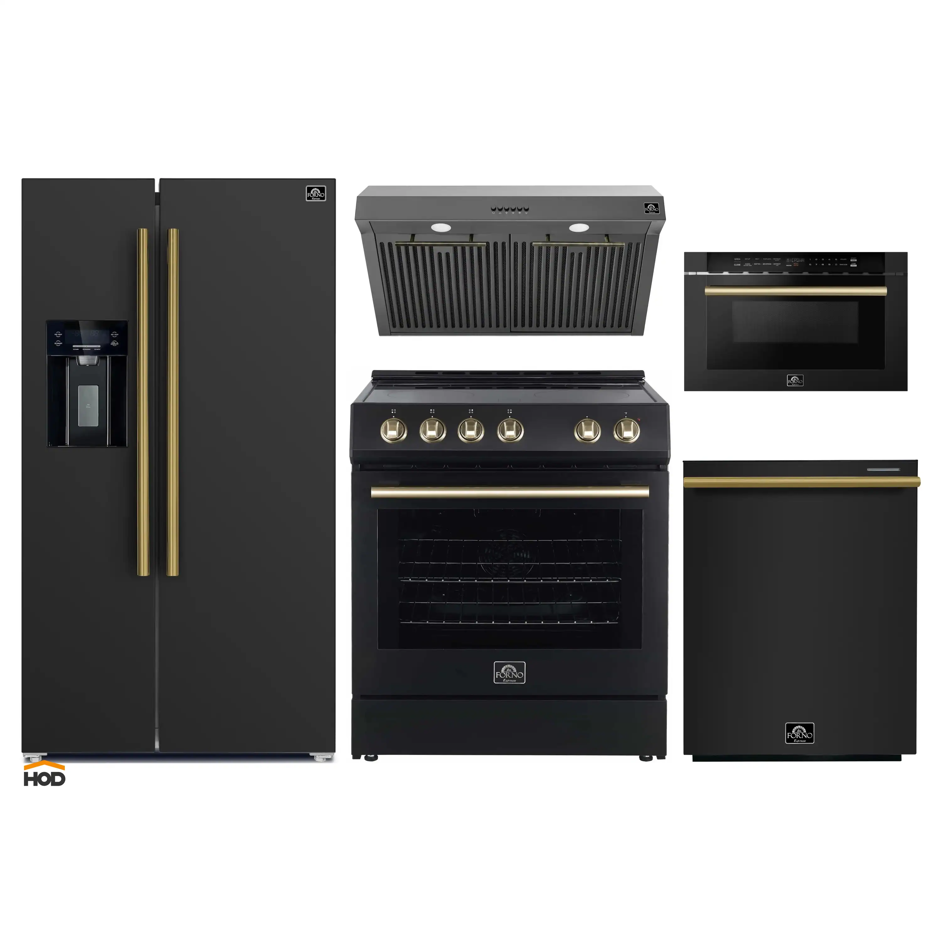 Forno 5-Piece Appliance Package - 30-Inch Electric Range, Under Cabinet Range Hood, Refrigerator with Water Dispenser, Dishwasher, and  Microwave Drawer in Black with Antique Brass Trim