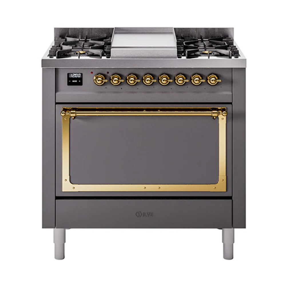 ILVE Nostalgie II Noblesse 36-Inch Dual Fuel Range and Solid Door Oven in Matte Graphite with Brass Trim (UN36FQNMPMGG)