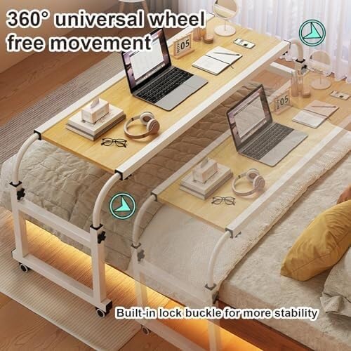 Adjustable Overbed Table with Wheels, Extendable Rolling Desk for Queen Size Bed, Height & Length Mobile Home Hospital Use(120cm/47.2in)