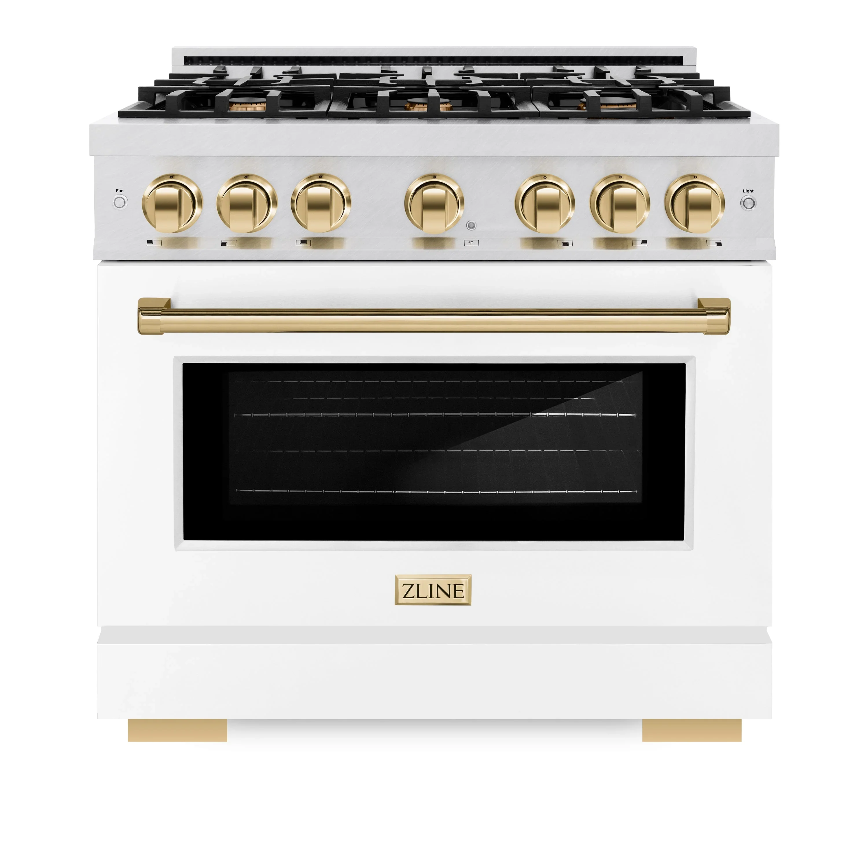 ZLINE Autograph Edition 36-Inch Select Series Gas Range with 6 Burner Cooktop and 5.2 Cu. Ft. Gas Convection Gas Oven in Satin Stainless Steel with White Matte Door and Polished Gold Accents (HGRSZ-WM-36-G)