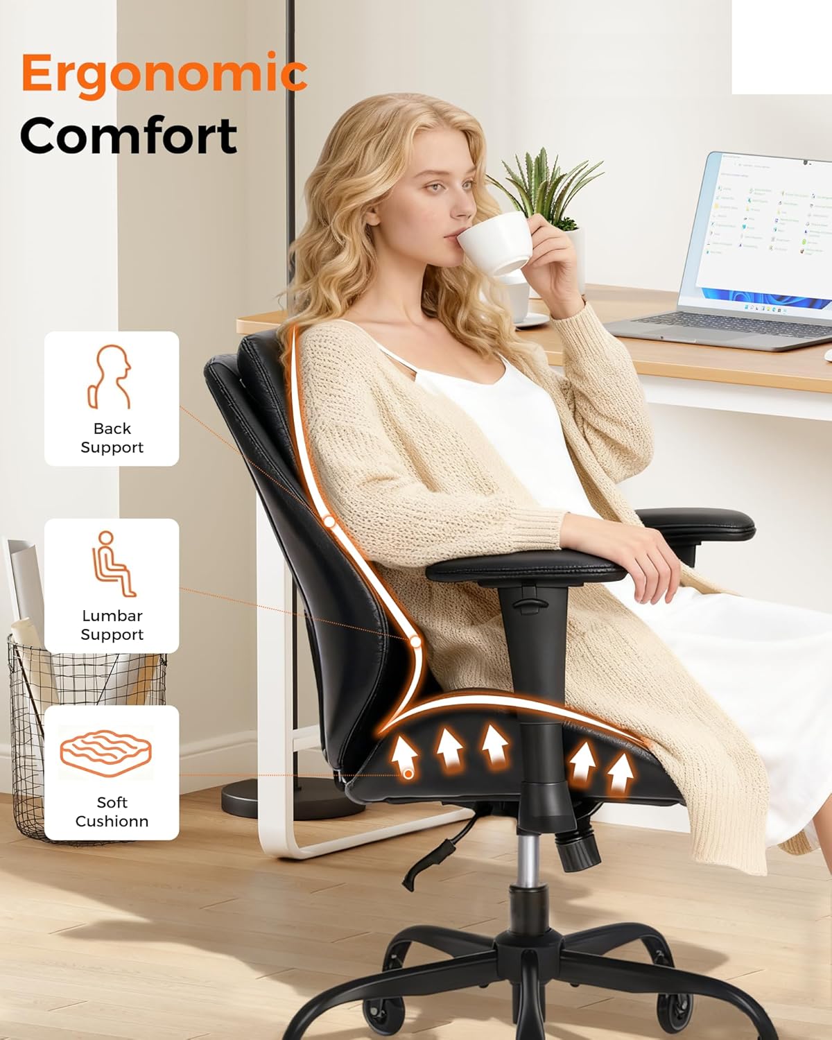 BEWISHOME Leather Ergonomic Office Chair, Home Office Chair, Black Desk Chair with Lumbar Support, Executive Office Chair, Computer Desk Chair with Adjustable Armrests & Quiet Wheels