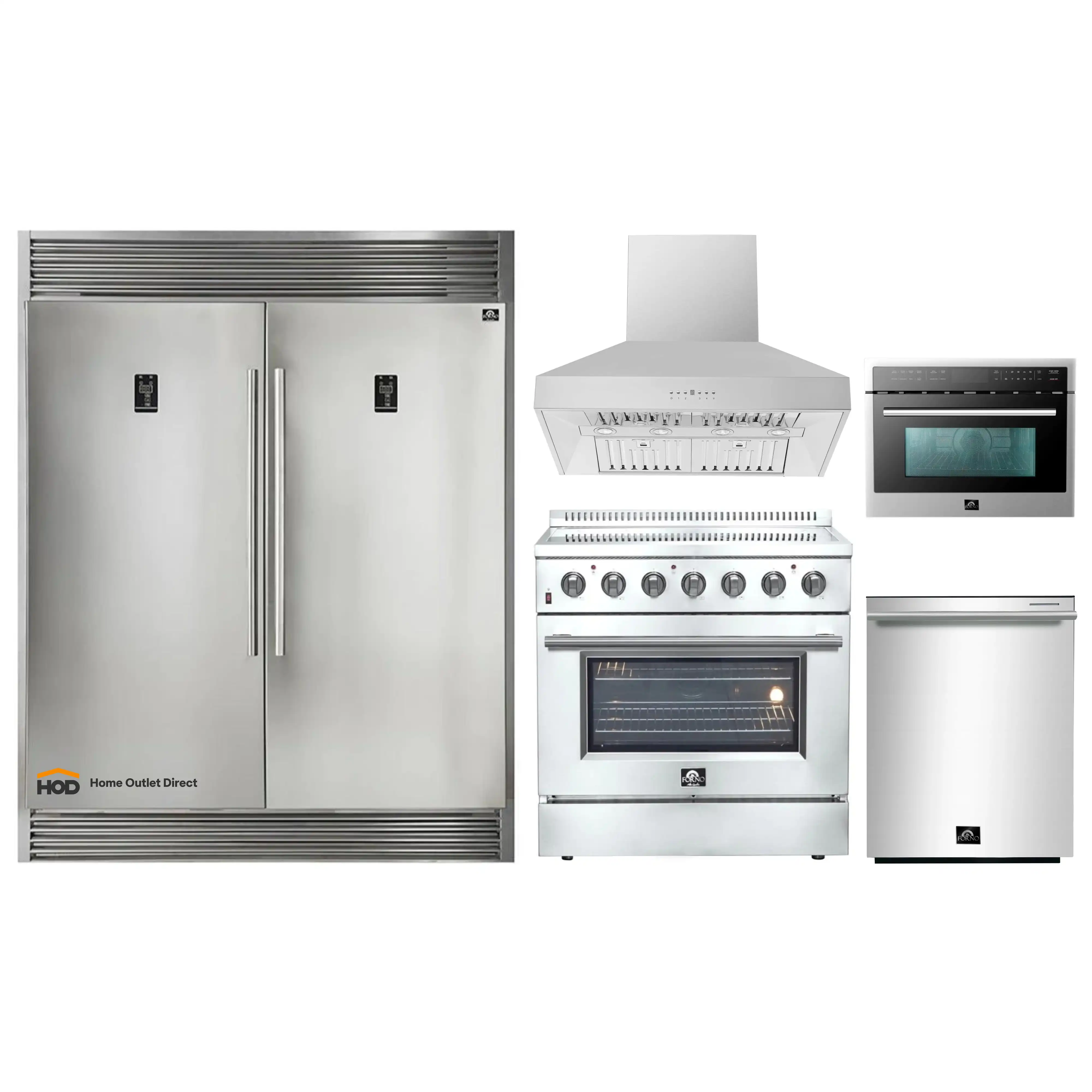 Forno 5-Piece Appliance Package - 36-Inch Electric Range, Wall Mount Range Hood, Pro-Style Refrigerator, Dishwasher, and 24-Inch Microwave Oven in Stainless Steel