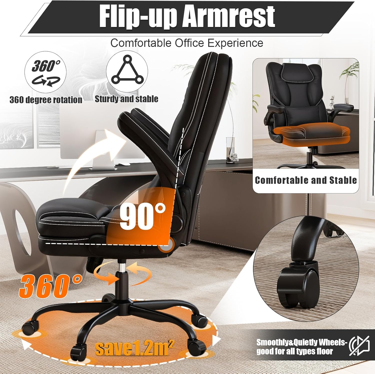 Ergonomic Office Chair with Flip-up Armrests 300lbs,Middle-Tall Computer Office Desk Chair with Lumbar Support,Executive Leather Chair with Rocking Function Adjustable Height for Home Office