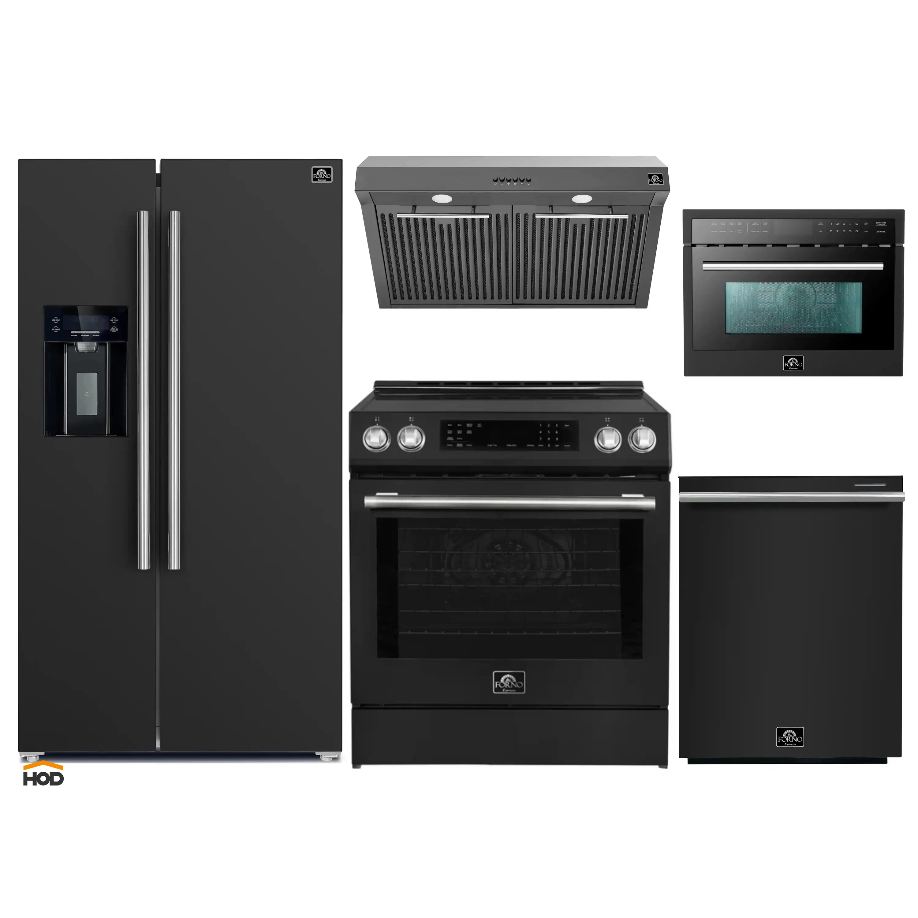 Forno 5-Piece Appliance Package - 30-Inch Inducton Range, Under Cabinet Range Hood, Refrigerator with Water Dispenser, Dishwasher, and  24-Inch Microwave Oven in Black with Stainless Steel Trim