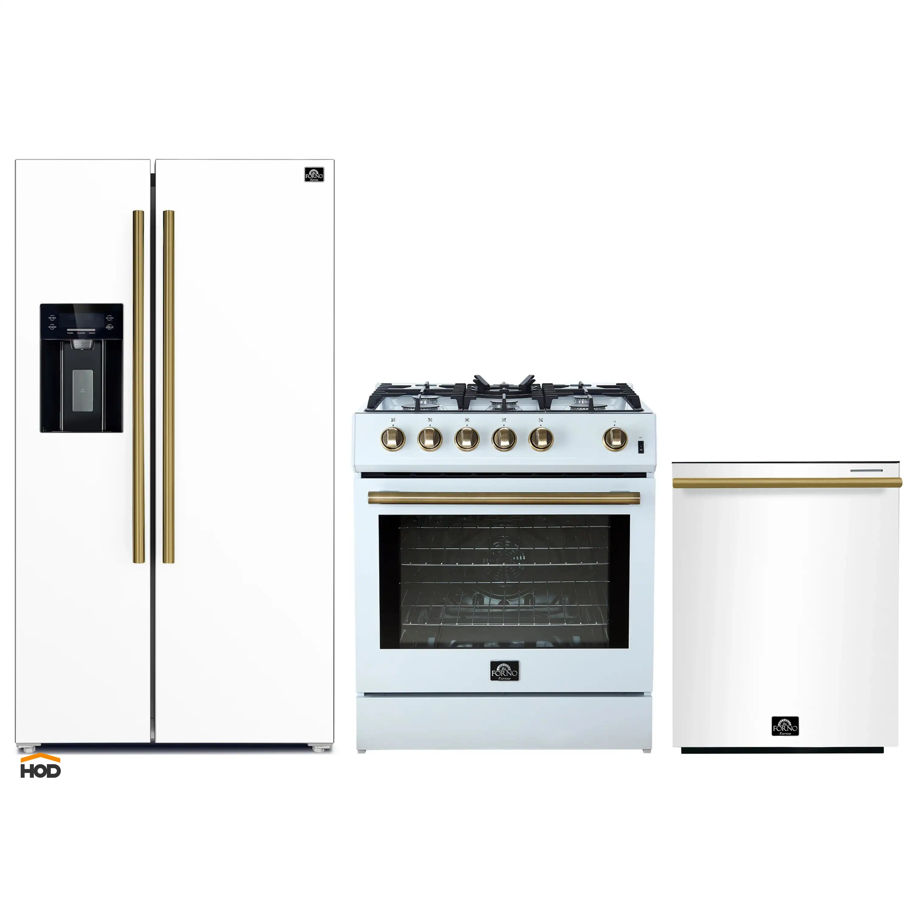 Forno 3-Piece Appliance Package - 30-Inch Gas Range, Refrigerator with Water Dispenser, and Dishwasher in White with Antique Brass Trim