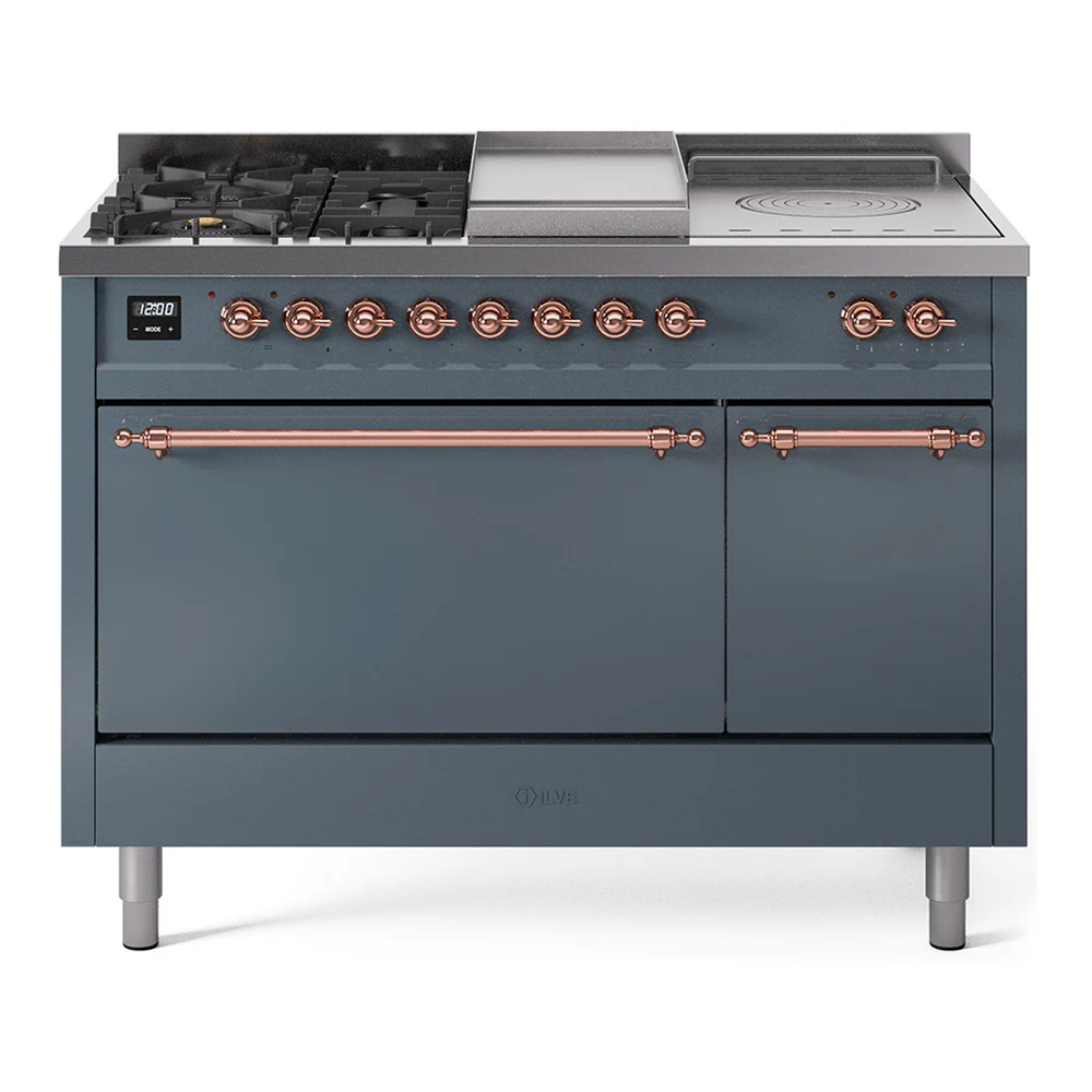 ILVE Nostalgie II 48-Inch Dual Fuel Range with 5 Burners, Griddle, & French Top, with Solid Door Oven in Blue Grey with Copper Trim (UP48FSQNMPBGP)