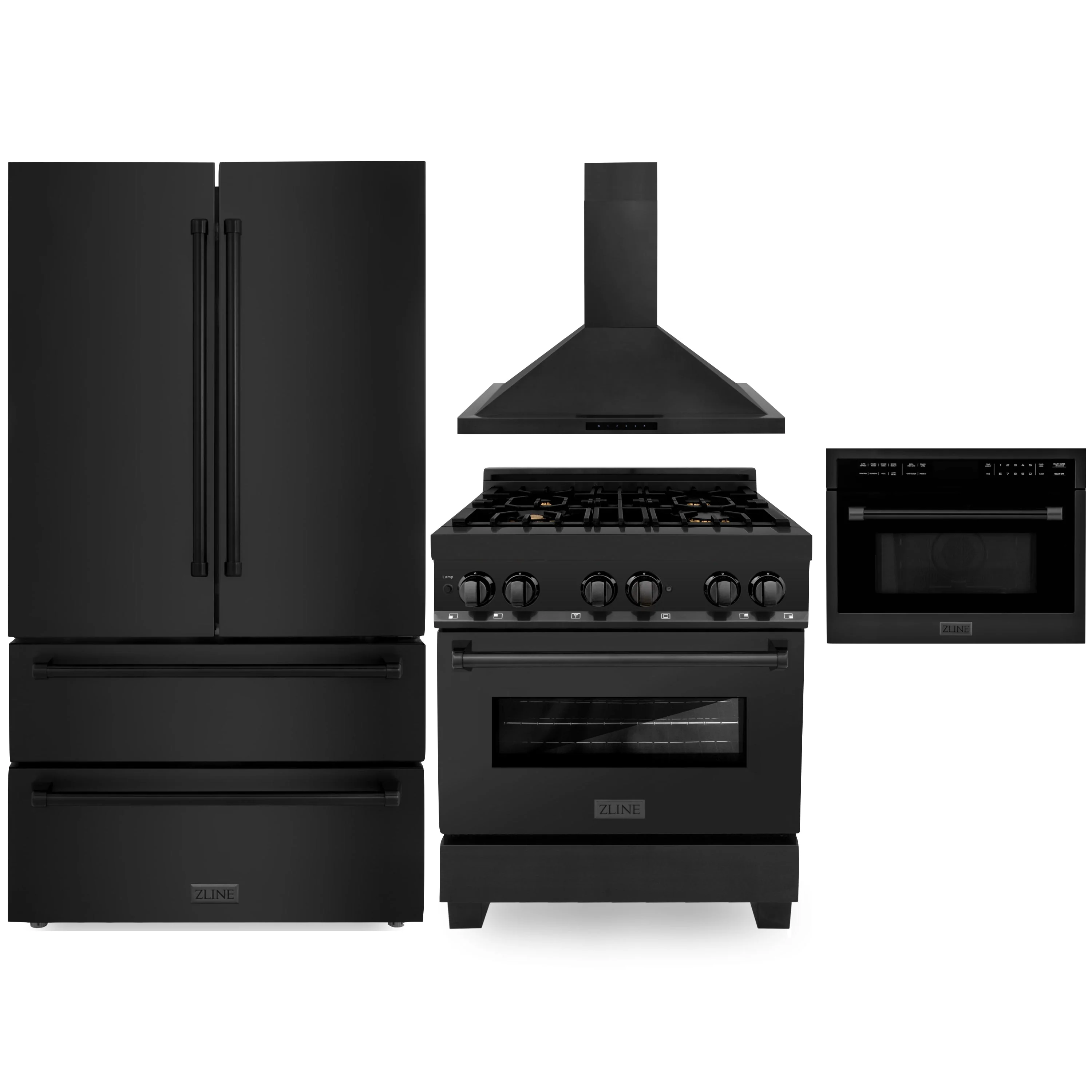 ZLINE 4-Piece Appliance Package - 30-Inch Dual Fuel Range with Brass Burners, Refrigerator, Convertible Wall Mount Hood, and Microwave Oven in Black Stainless Steel (4KPR-RABRH30-MWO)