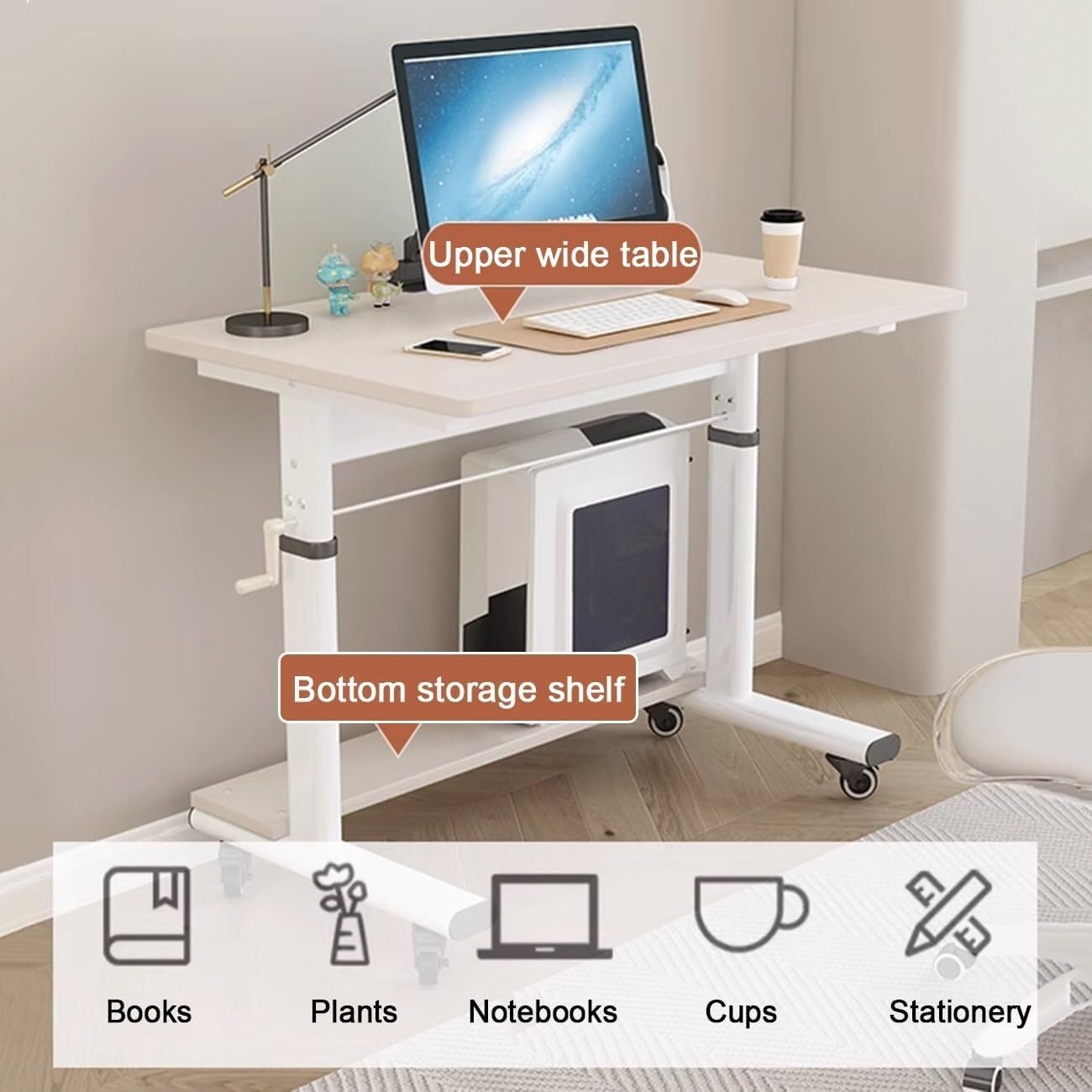 Overbed Table, Mobile Standing Desk with Wheels, Adjustable Height Bedside Laptop Table Hospital Nursing Reading Eating Table