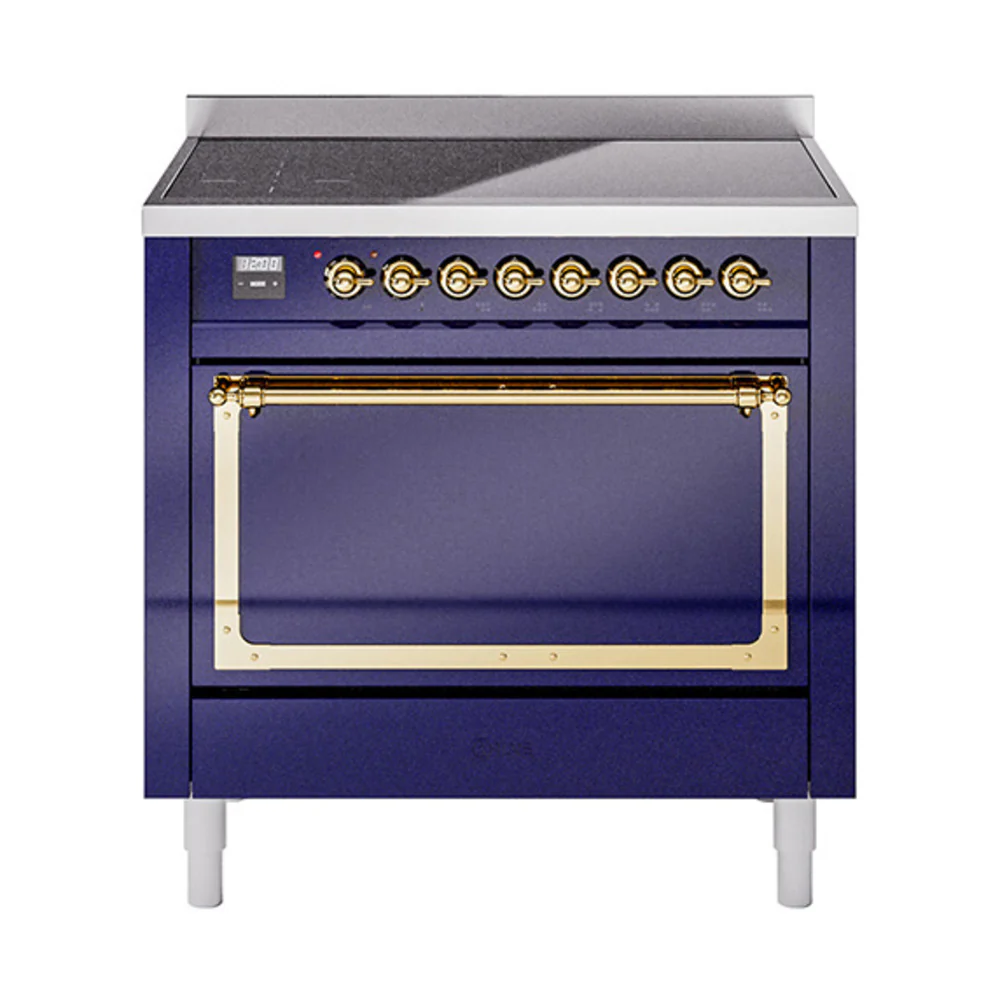 ILVE Nostalgie II Noblesse 36-Inch Induction Range with Solid Door in Midnight Blue with Brass Trim (UNI366QNMPMBG)