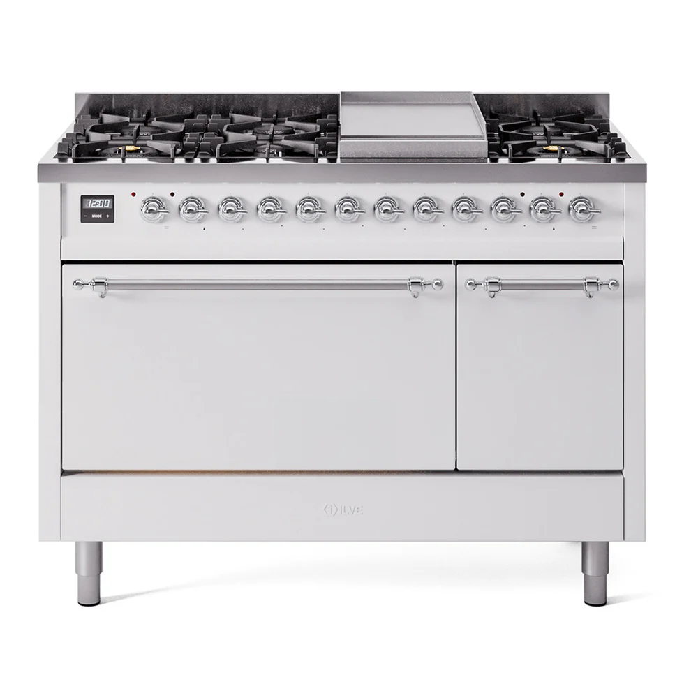 ILVE 48-Inch Nostalgie II Dual Fuel Range with 8 Burners, Griddle, and Solid Door Oven in White with Chrome Trim (UP48FQNMPWHC)