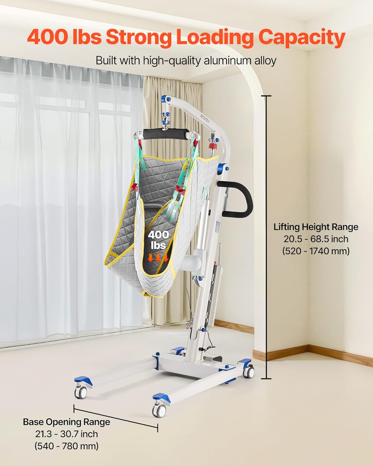 VEVOR Hoyer Electric Patient Lift for Home Use with Sling, Height & Width Dual Control Adjustable Function with Handle Controller, All-Aluminum Material，400LBS for Car, Wheelchair & Bed