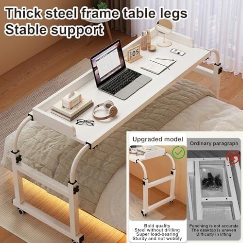 Adjustable Overbed Table with Wheels, Extendable Rolling Desk for Queen Size Bed, Height & Length Mobile Home Hospital Use(120cm/47.2in)