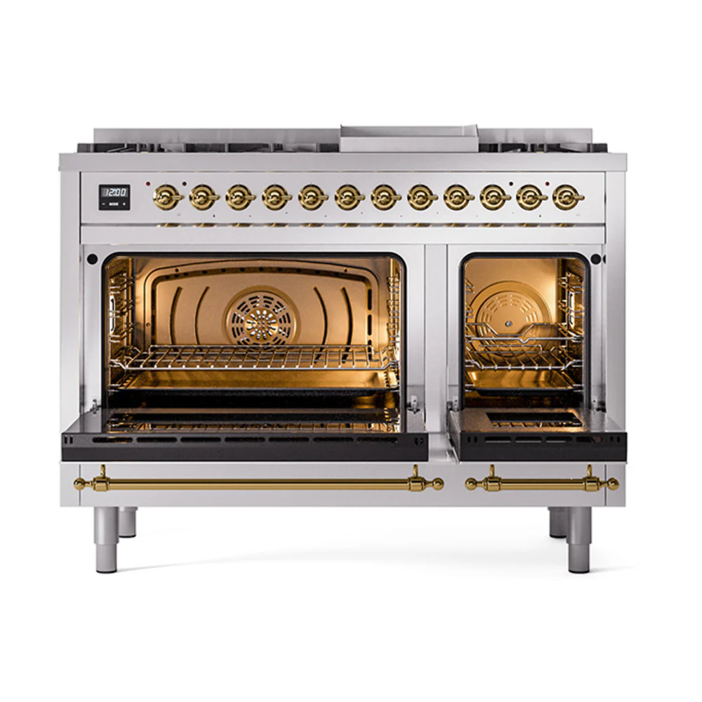 ILVE Nostalgie II Noblesse 48-Inch Dual Fuel Freestanding Range with Solid Door Oven in Stainless Steel with Brass Trim (UN48FQNMPSSG)