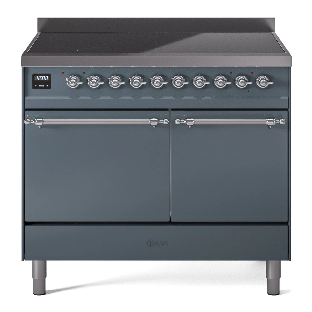 ILVE 40-Inch Nostalgie II Induction Range with Solid Door Oven in Blue Grey with Chrome Trim (UPDI406QNMPBGC)