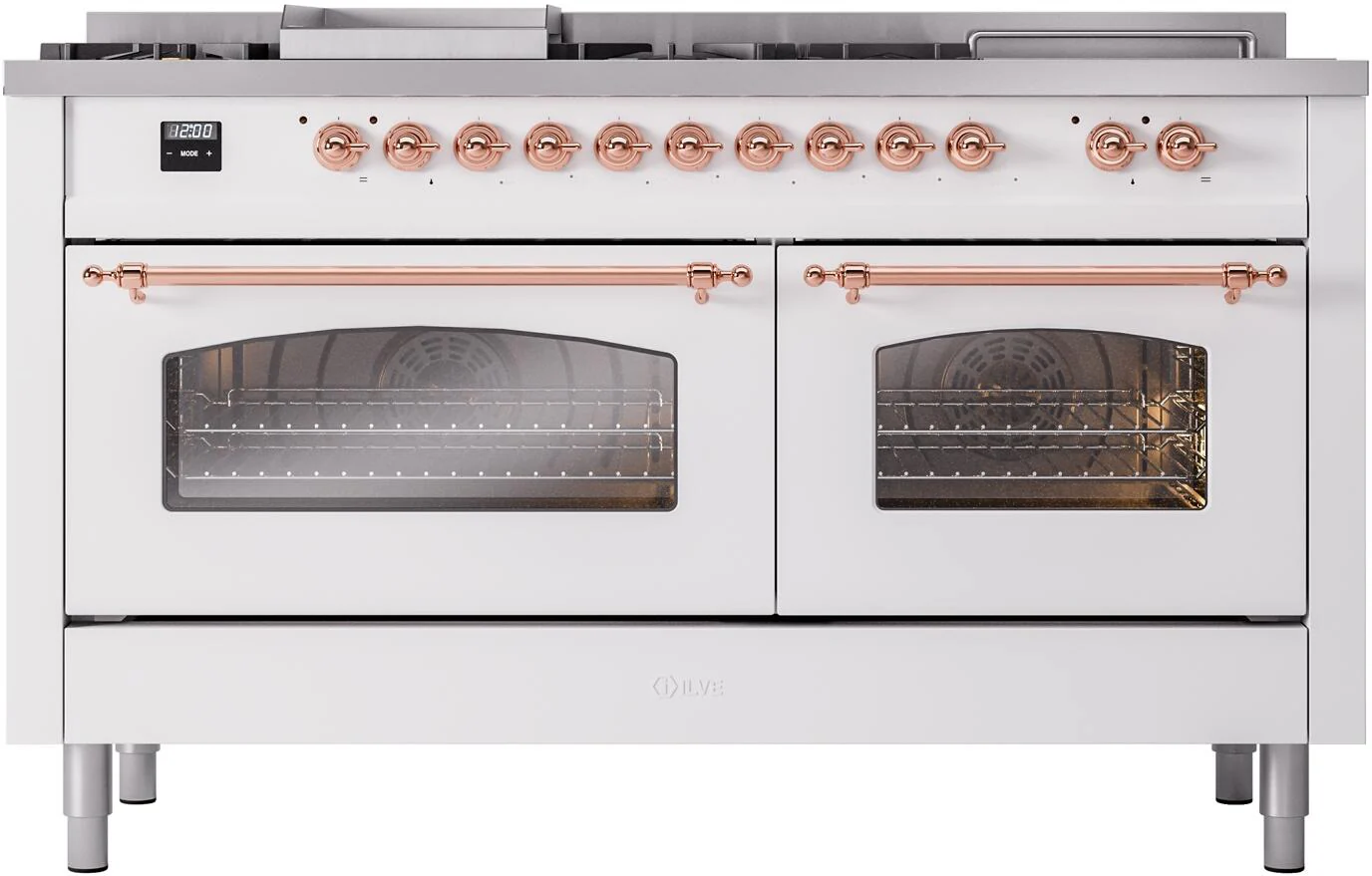 ILVE Nostalgie II 60-Inch Dual Fuel Range with 7 Burners, Griddle, & French Top with Triple Glass Door Oven in White with Copper Trim (UP60FSNMPWHP)