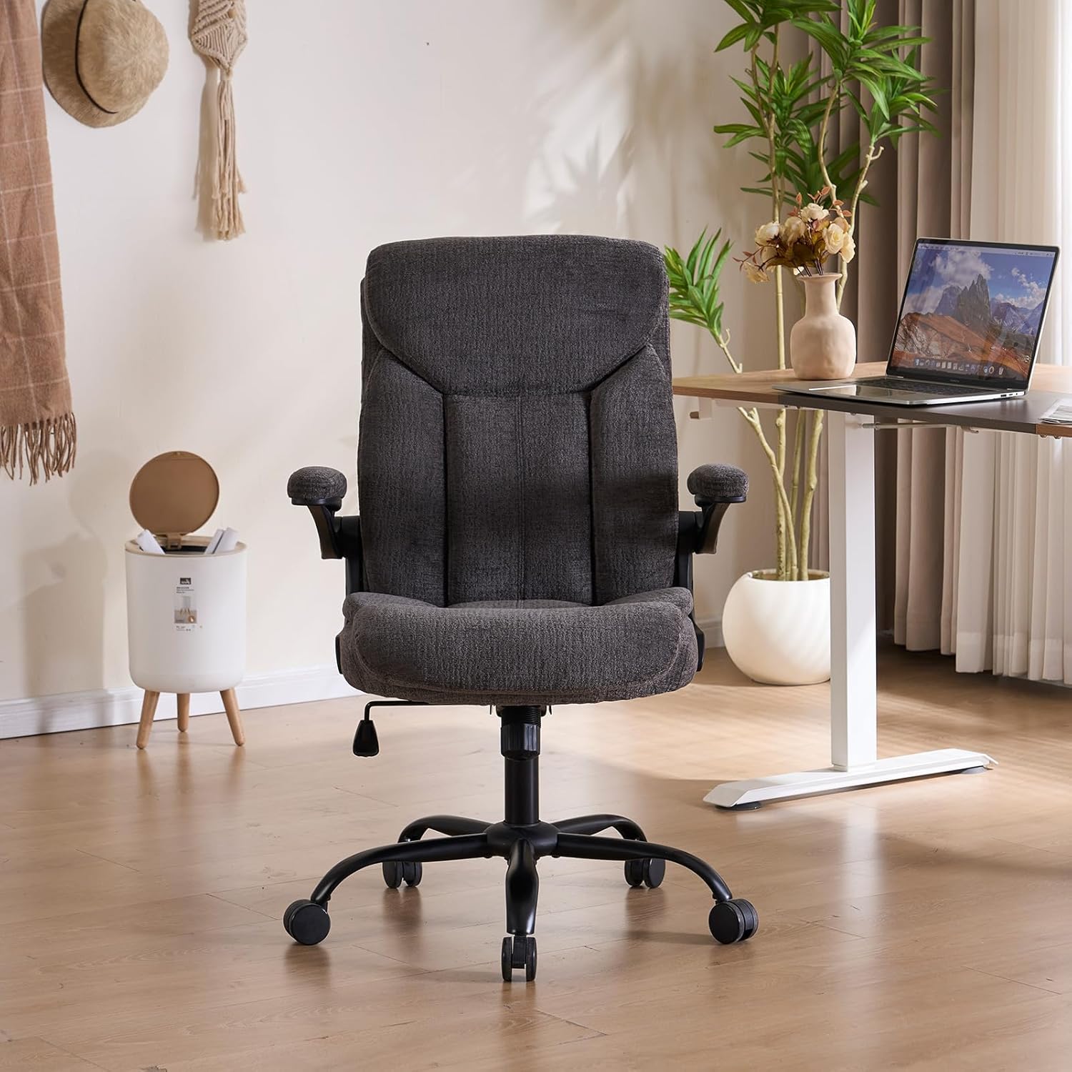 Cloth Office Chair Comfy Fabric Executive Chair, Ergonomic Computer Desk Chairs with Flip-up Armrests, Lumbar Support, 360° Swivel for Home Office, Work, Study, Small Gaming Chair with Wheels | Grey