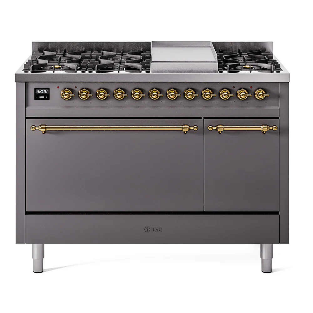 ILVE 48-Inch Nostalgie II Dual Fuel Range with 8 Burners, Griddle, and Solid Door Oven in Matte Graphite with Brass Trim (UP48FQNMPMGG)