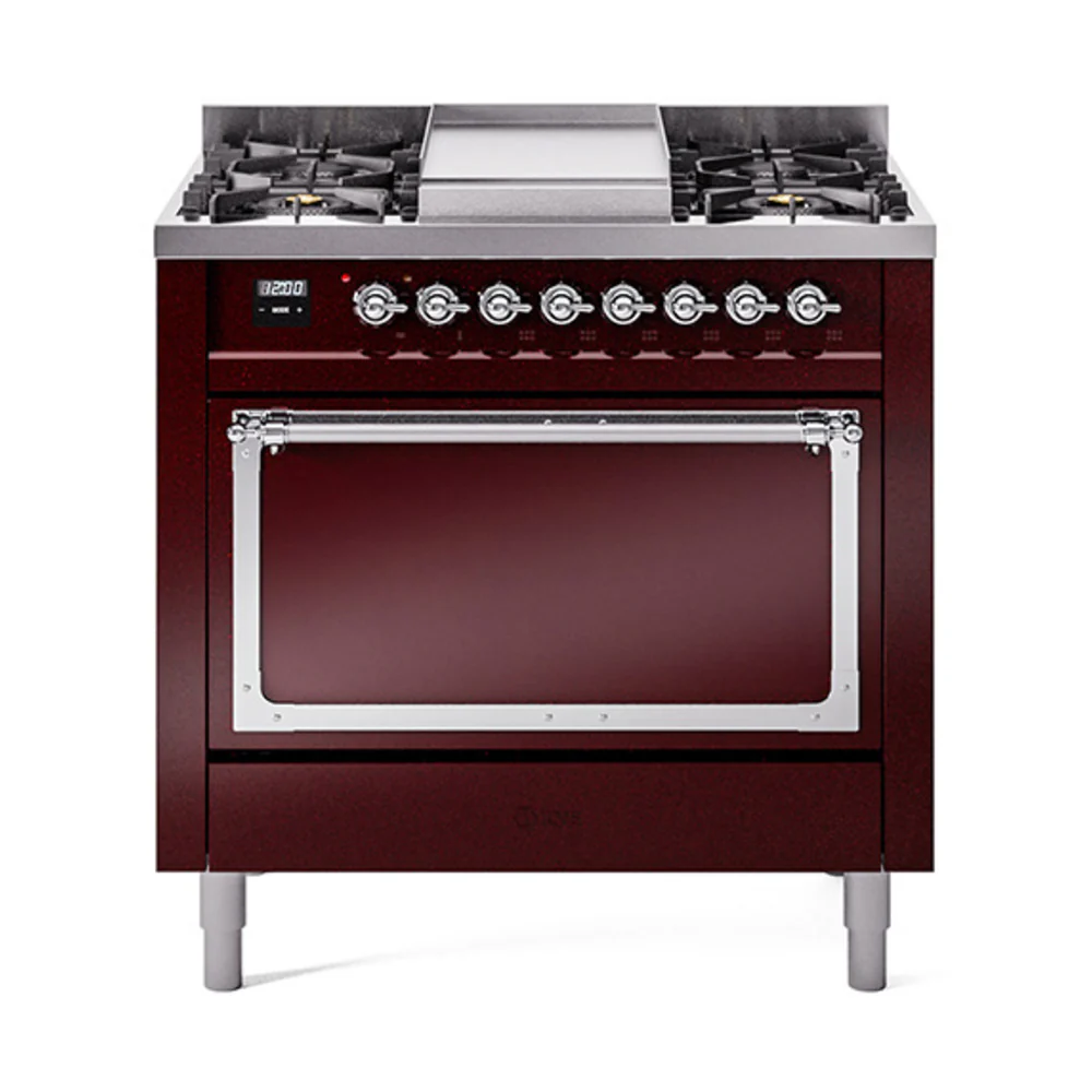 ILVE Nostalgie II Noblesse 36-Inch Dual Fuel Range and Solid Door Oven in Burgundy with Chrome Trim (UN36FQNMPBUC)
